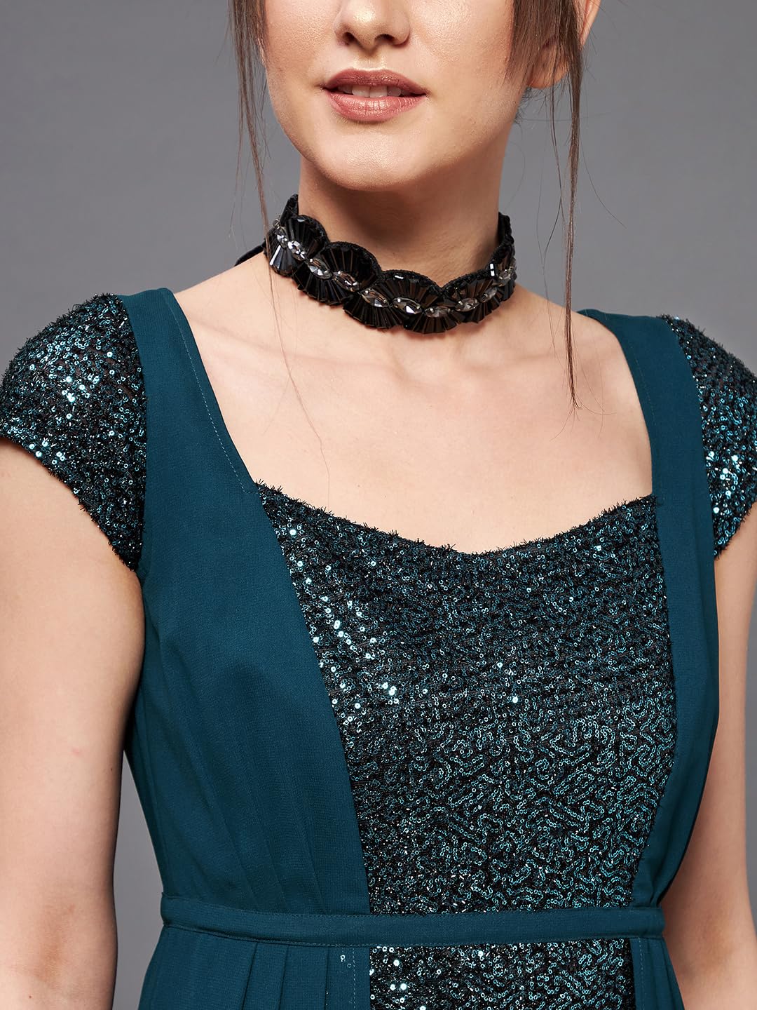 Miss Chase Women's Square Neck Short Sleeve Embellished Layered Maxi Dress (MCSS22D13-70-83-04, Teal, M)