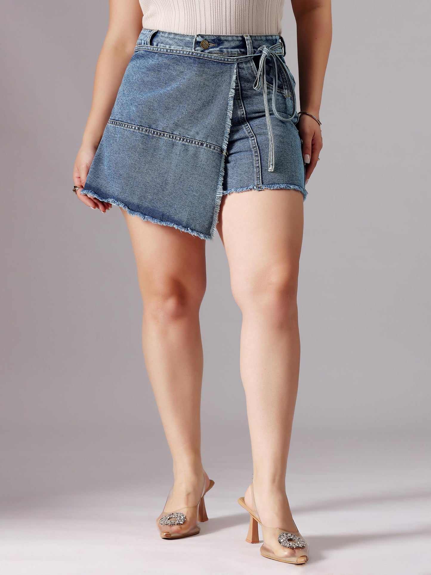 Miss Chase A+ Women's Regular High Rise Mild Distress Regular Denim Skorts (APAW24DEN86-85-320-28, President Blue, 28)