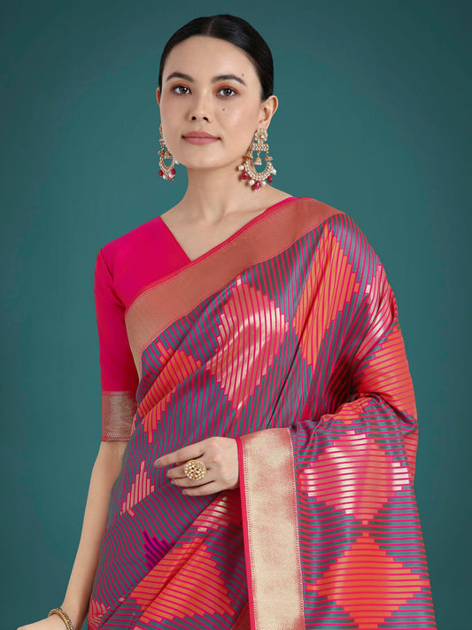 Monjolika Fashion Women's Banarasi Satin Silk Saree with Zari Weaving Geomatric Design Unstitched Blouse Piece