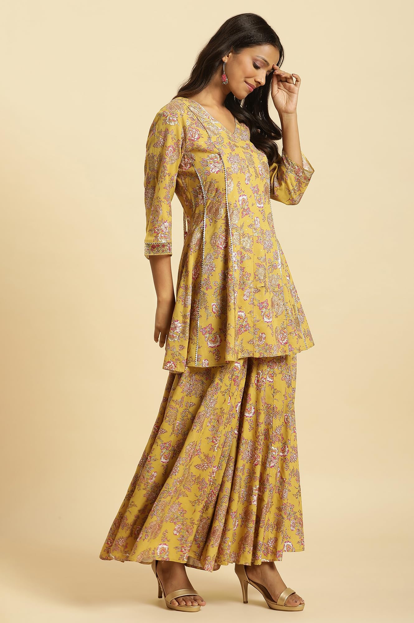 W for Woman Yellow Floral Printed Short Flared Kurta, Sharara And Dupatta Set (Size: 2XL)-23AUWS19717-121051