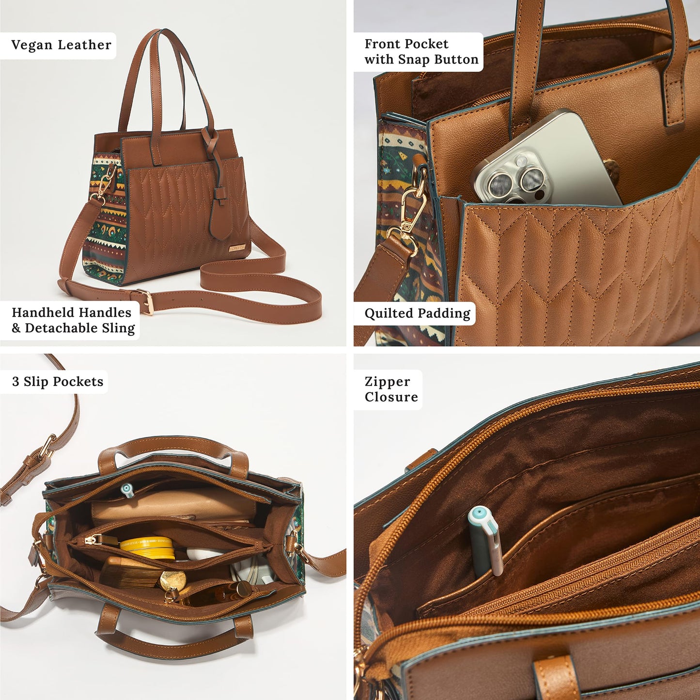 Chumbak Mara Handbag for Women, Tan Floral Print, Digital Nomad Collection, PU Leather Shoulder Bag with Zipper, Stylish and Lightweight Handbag for Travel and Daily Use