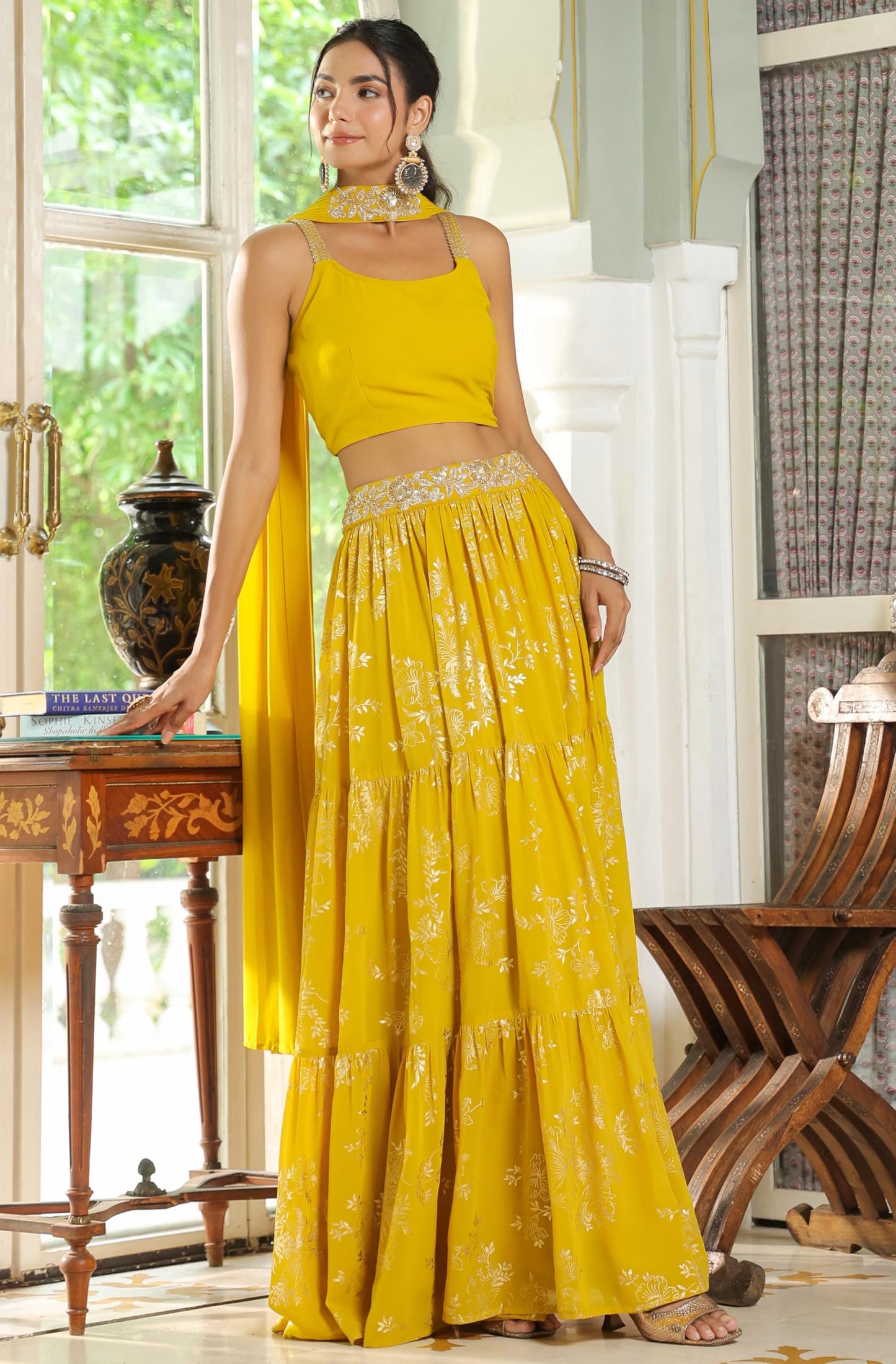 Janasya Women's Yellow Georgette Embellished Foil Printed Tiered Lehenga Choli Set (JAB24LC00481-A-XXL)