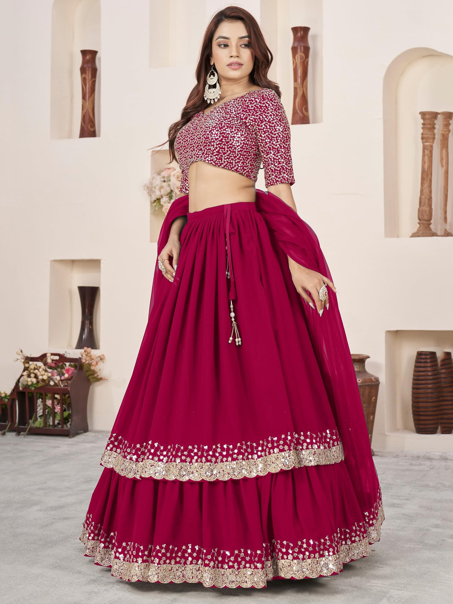 Zeel Clothing Women Georgette Semi-Stitched Sequins Embroidered New Lehenga Choli with Dupatta (5066-Pink- -Lehenga-Choli-Latest; Free Size) (Pink)