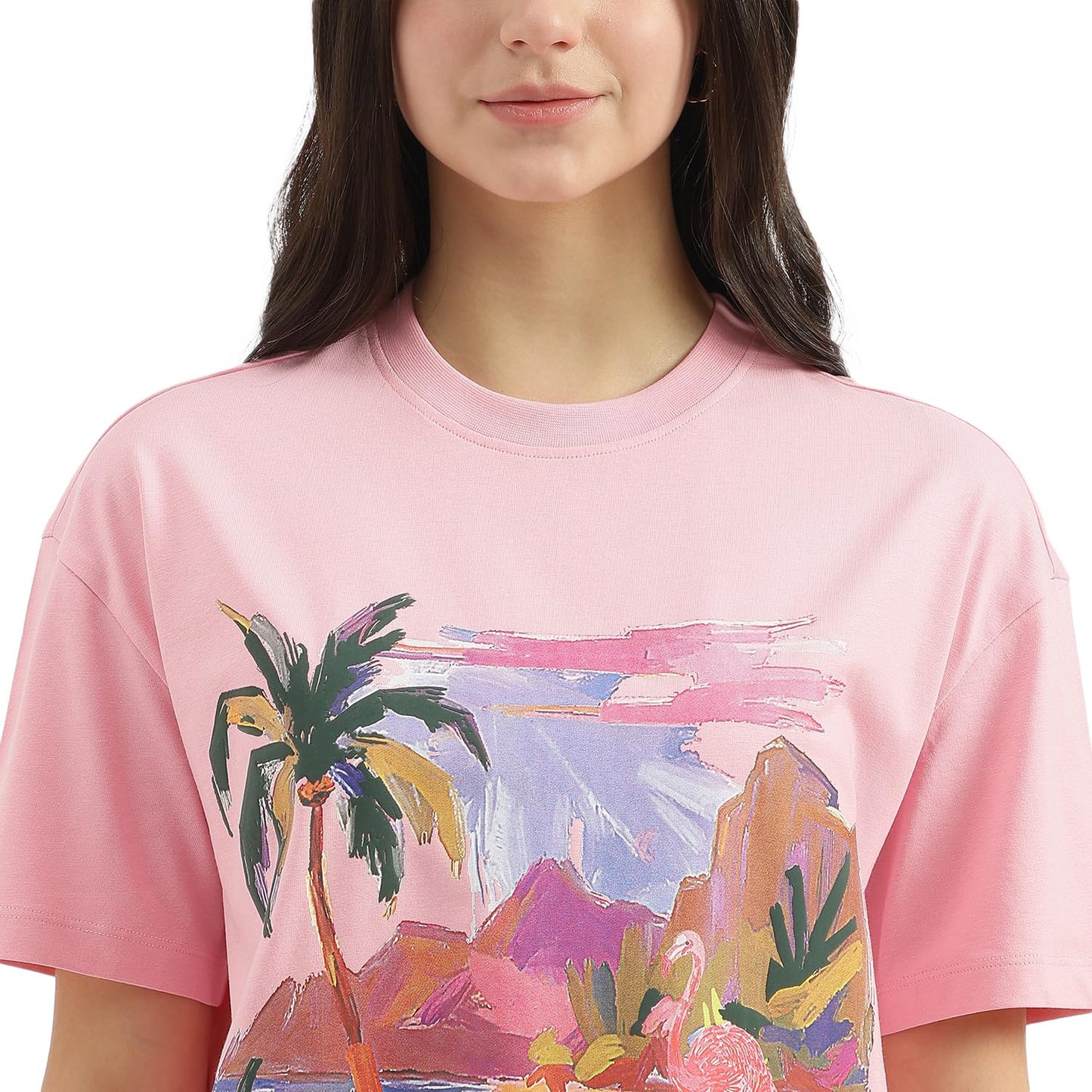 United Colors of Benetton Round Neck Tropical T-Shirt (Size: L)-25P3099W3277I29Y Pink