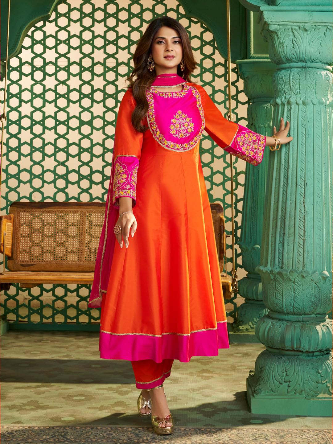 VARNI FABRICS: A lady's First Love Women's Orange & Pink Chanderi Cotton Anarkali Kurta Set With Embroidered Yoke, Dupatta, Ethnic Wear (IN, Alpha, XL, Regular)