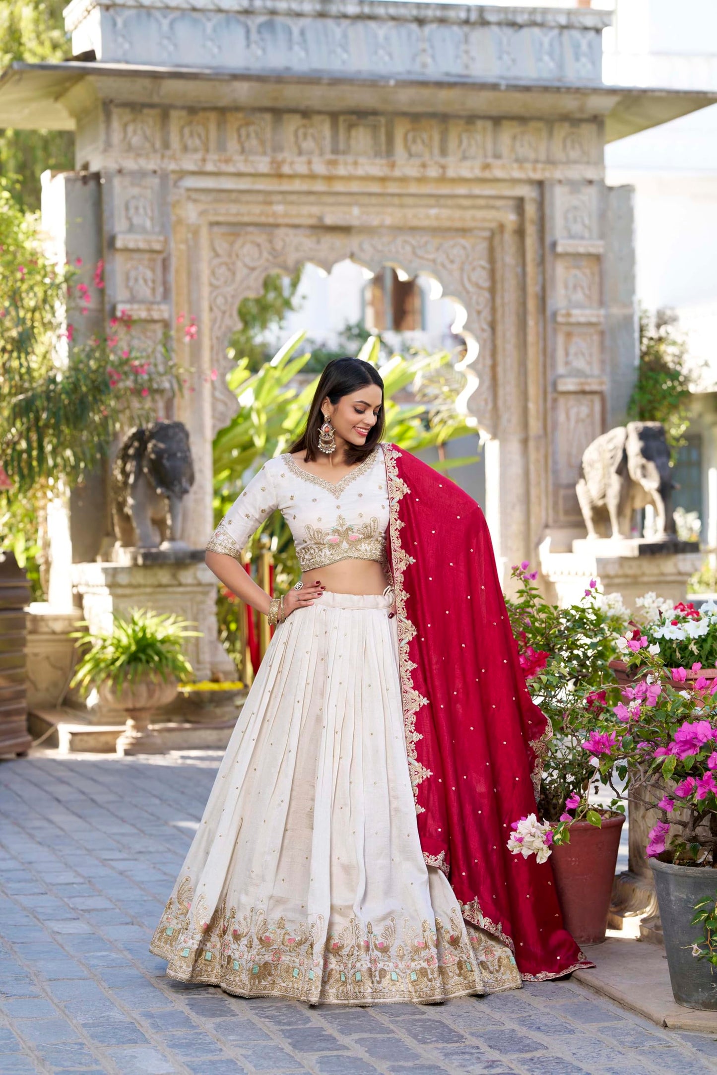 JIHU CULTURE Off-White Vichitra Silk Fabric Thread Embroidery Work Semi Stitched Lehenga Choli With Dupatta Set For Women, 44
