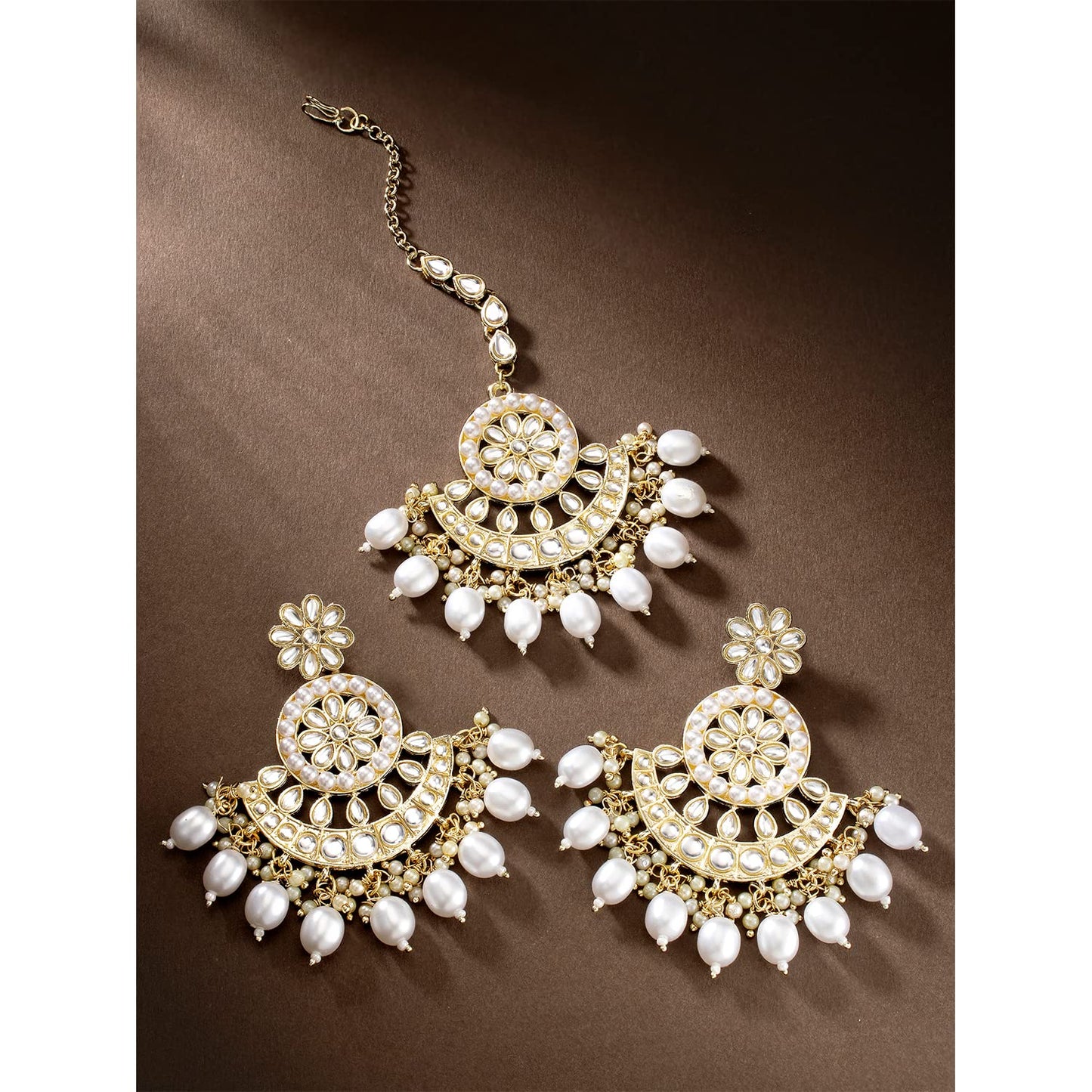 Peora Traditional Gold Plated White Kundan & Pearl Dangle Earrings & Maang Tikka Ethnic Stylish Jewellery Set Gifts for Women & Girls