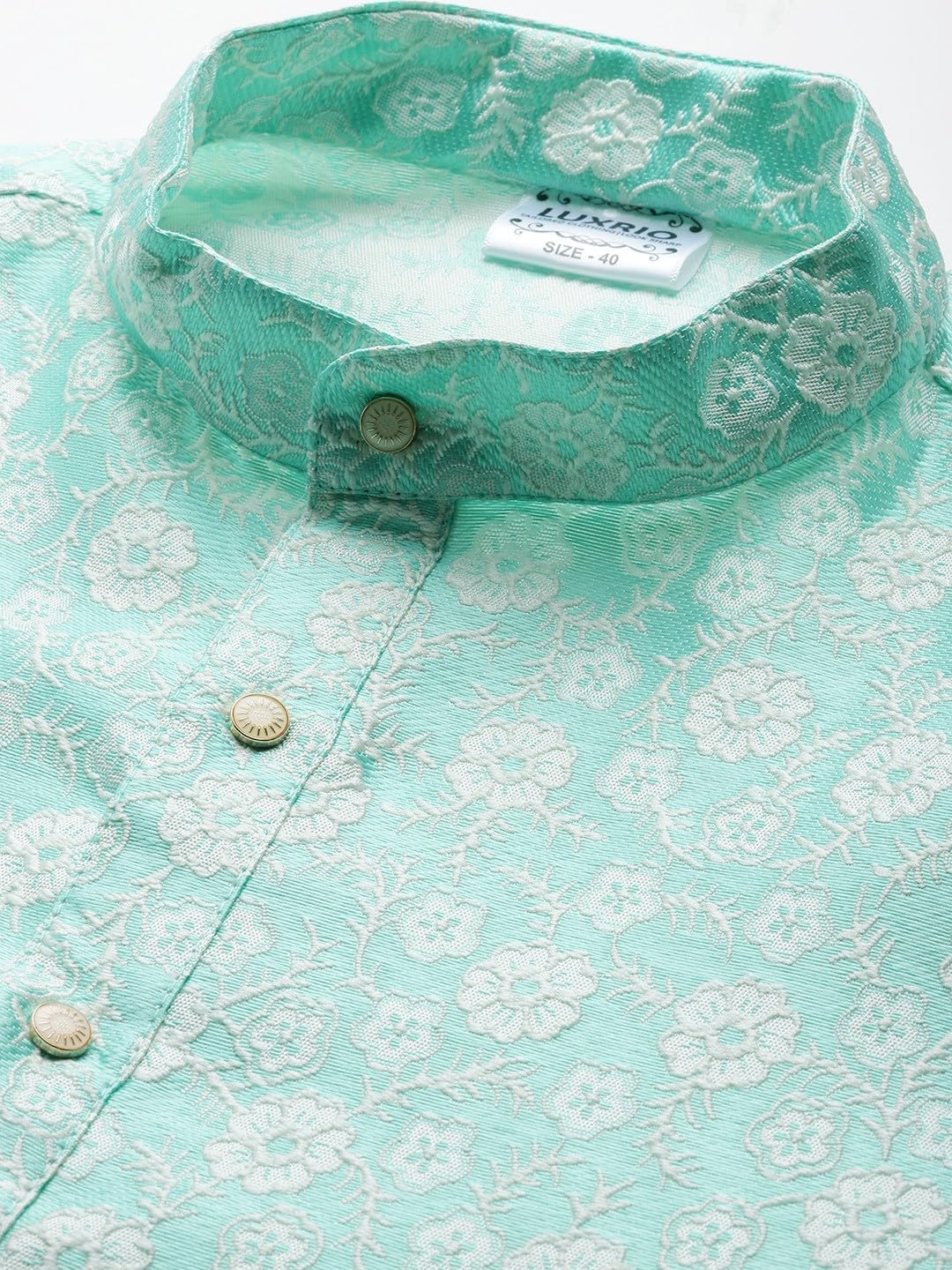Luxrio Men's Silk Blend Jacquard Self Embroidered Textured Long Kurta Full Sleeves Green Size M