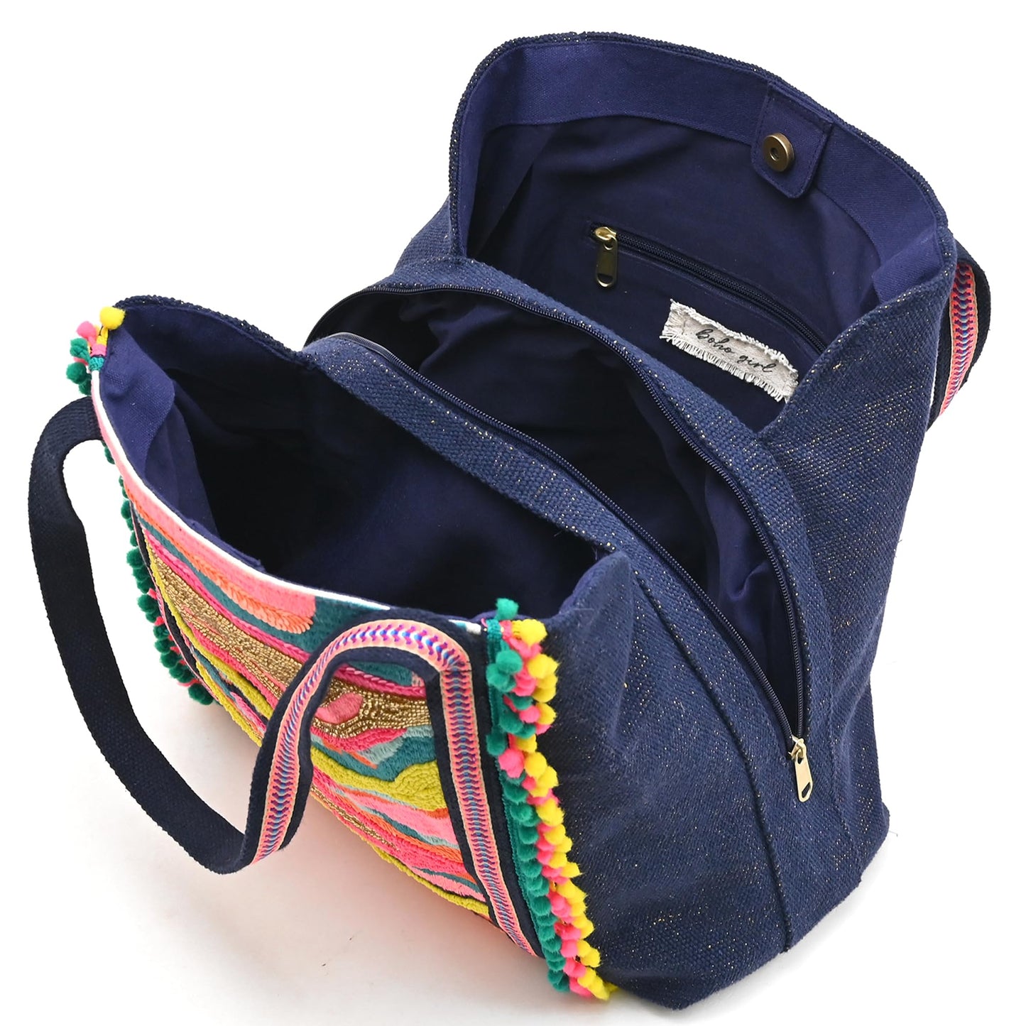 Boho Girl Rainbow Waves Embellished Tote | Hand Beaded Navy Blue Jacquard Tote | Handicrafted Bag for Women | Multicolour Bead Embellished Handbag | Birthday Gifts for Sisters | Handbag for Office