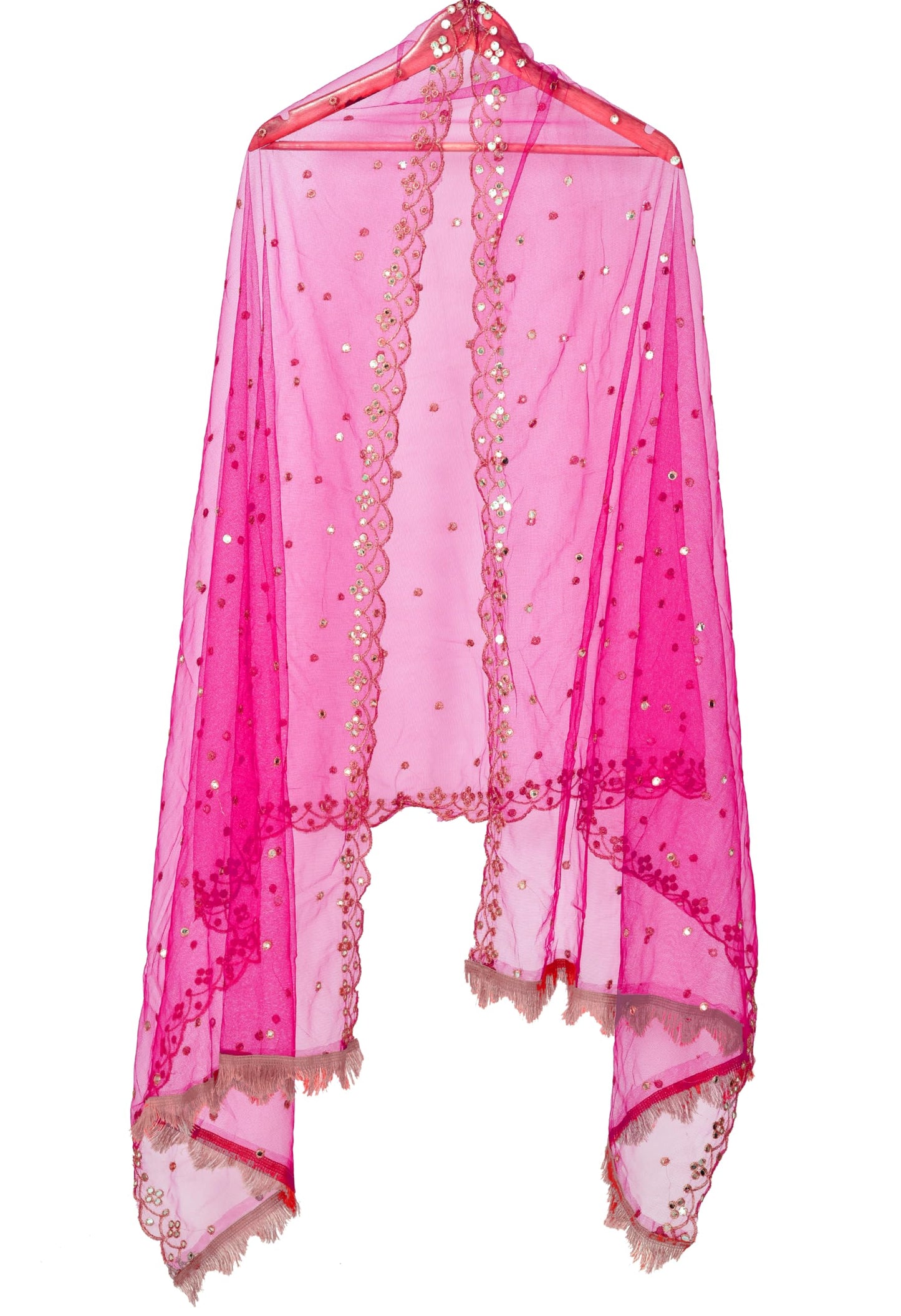 YOUTHQUAKE Plastic Mirror Emboridered Net Dupatta for Womens & Girls With Fancy Cut Design with Lace (Rani Pink) 2.25 Meter