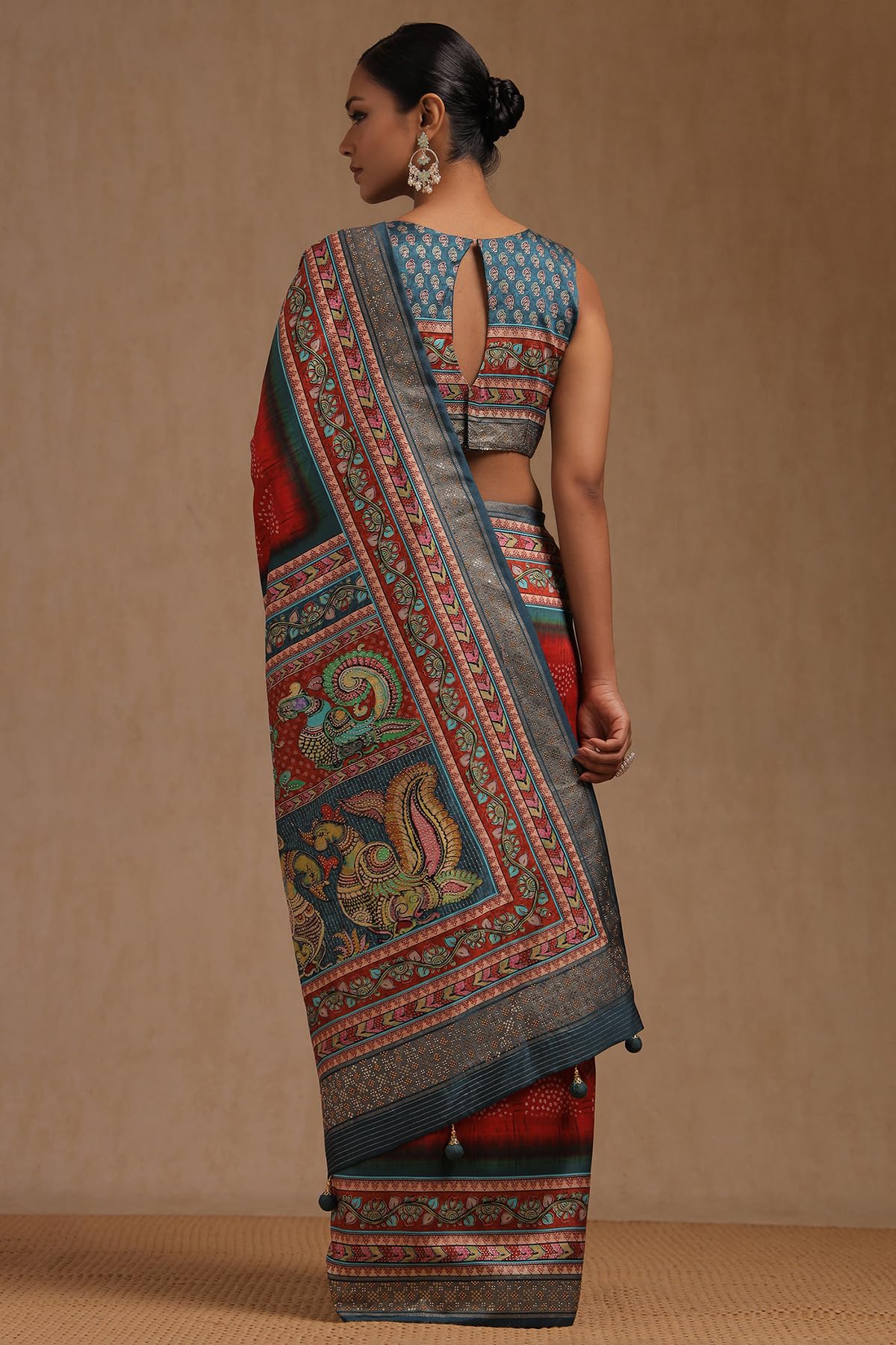 Soch Womens Red Dola Silk Kalamkari Saree With Stud Work