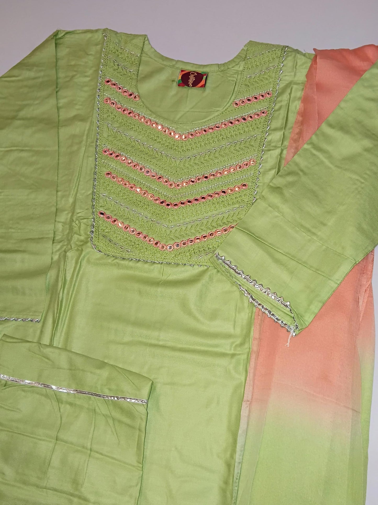 Women's Traditional Sharara Set with Embroidered Yoke, Mint Green and Peach Ombre Dupatta, Rayon Fabric, Three Piece Ethnic Wear