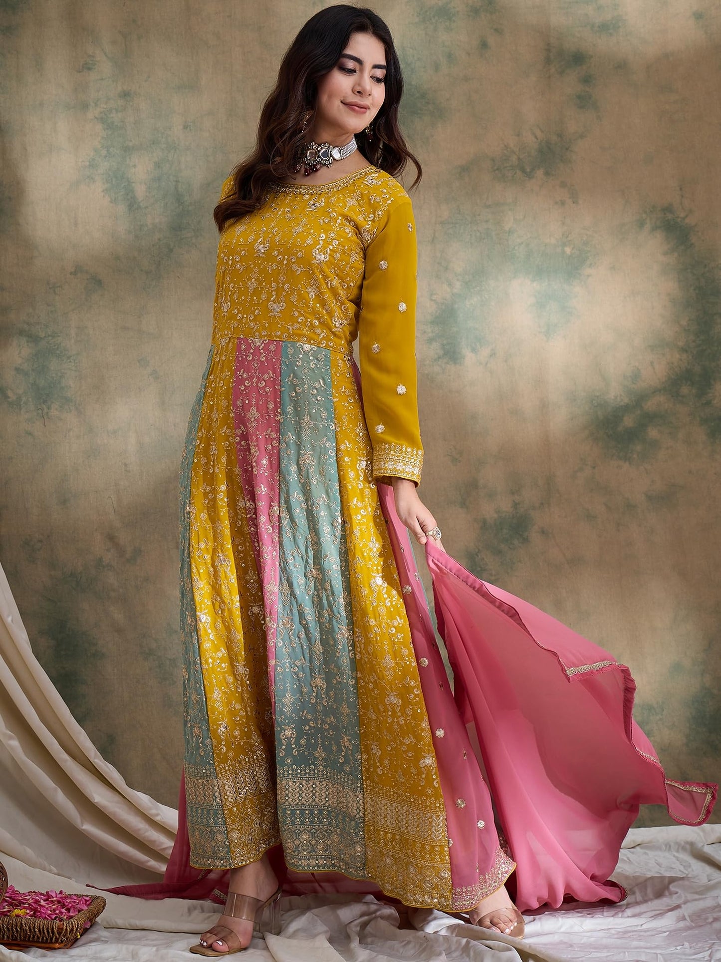 Miss Ethnik Women's Yellow Faux Georgette Stitched Top with Dupatta Full Sleeve Embroidered Anarkali Gown (MEY-1183-Yellow-S)