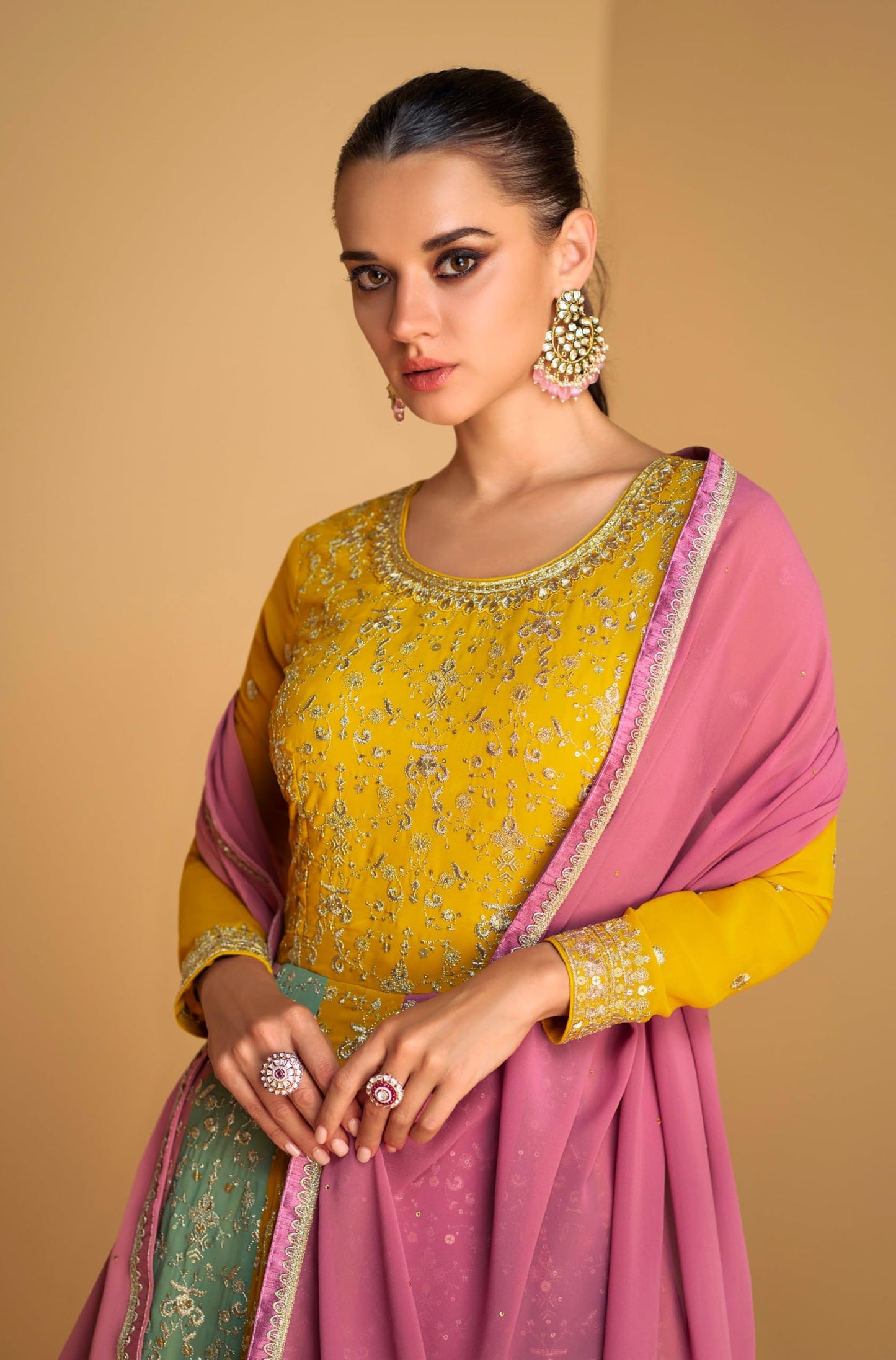 Miss Ethnik Women's Yellow Faux Georgette Stitched Top With Dupatta Full Sleeve Embroidered Anarkali Gown (ME-1183-Yellow-XL)