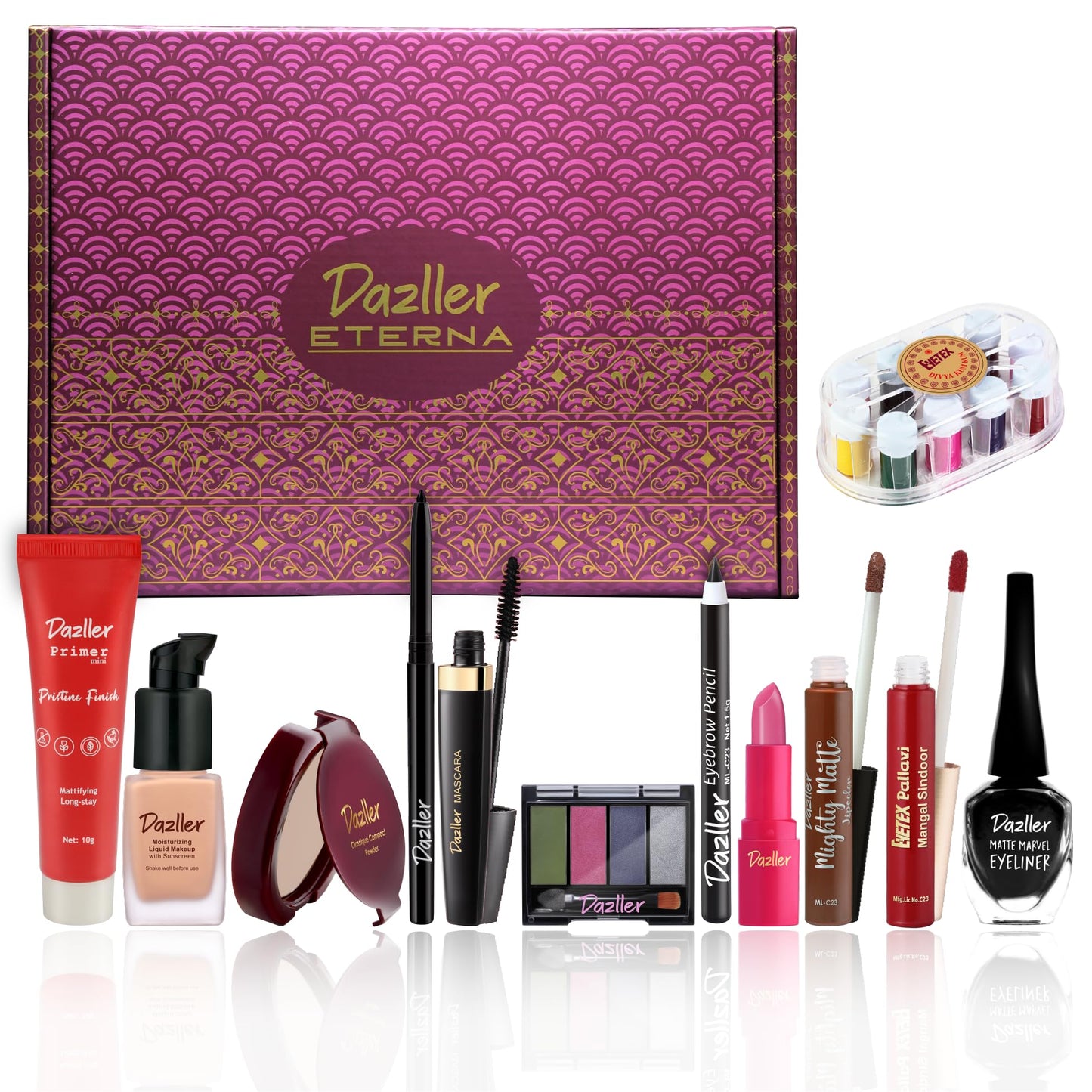 Dazller Grand Glam Kit - Medium Skintone, All-in-One Makeup Set with Primer, Liquid Foundation, Kajal, Mascara, Eyeshadow & More, Long-Stay, Lightweight, Water-Resistant, Suitable for All Skin Types