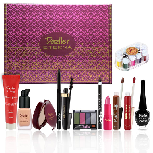 Dazller Grand Glam Kit - Medium Skintone, All-in-One Makeup Set with Primer, Liquid Foundation, Kajal, Mascara, Eyeshadow & More, Long-Stay, Lightweight, Water-Resistant, Suitable for All Skin Types