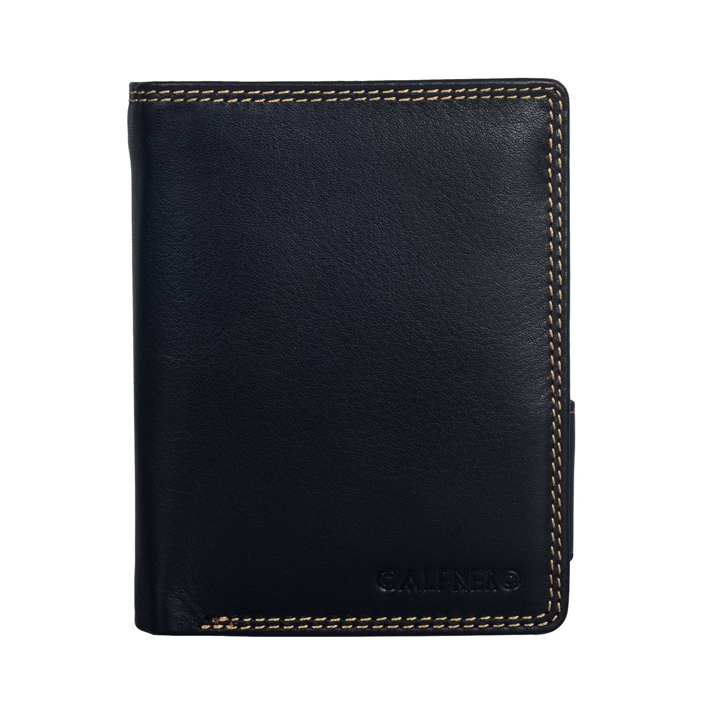 Men's Genuine Leather Bifold Wallet-Multiple Card Slots ID Window with Coin Pocket-Black Wallet by Calfnero