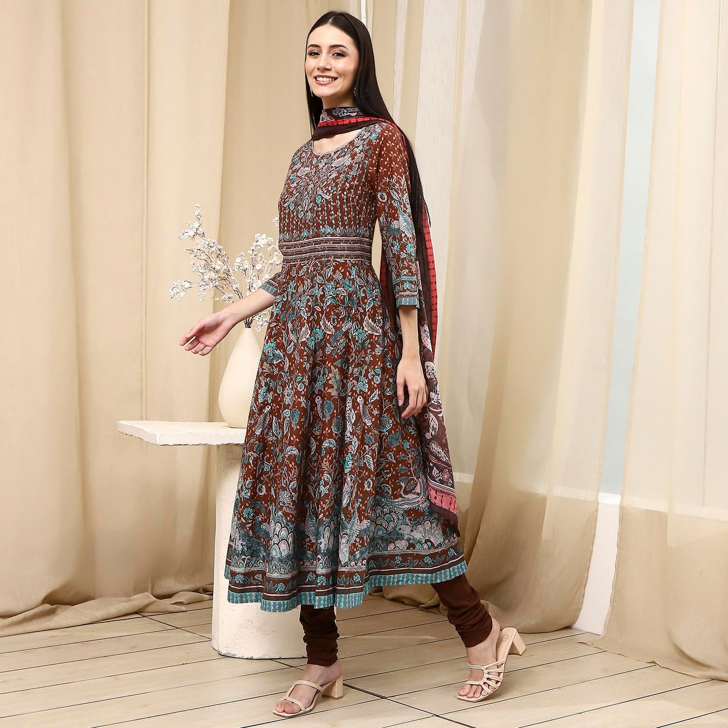 BIBA Women's 60'S Cambric Kurta Set (SKDKLMR8356ESS25BRN_Brown