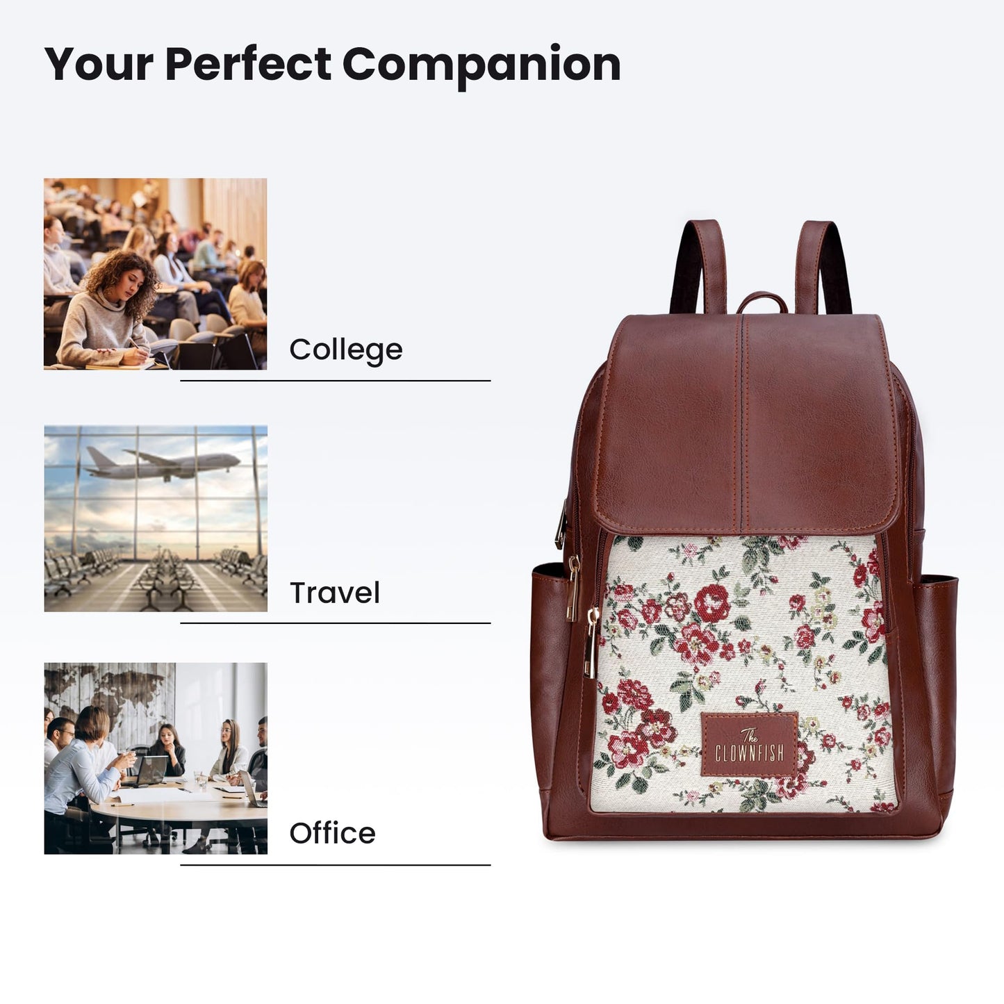 THE CLOWNFISH Medium Size Minerva Faux Leather & Tapestry Women's Standard Backpack College School Bag Casual Travel Standard Backpack For Ladies Girls (White- Floral), 10 Litre