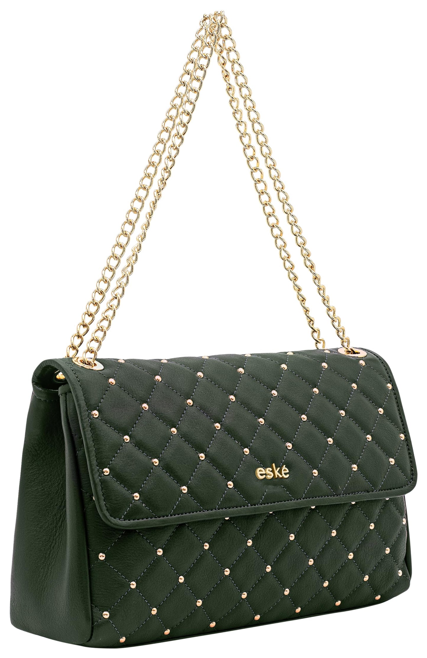 eske Melba, the Shoulder Bag | Quilted Cosmos Leather with Gold Chain Strap | Adjustable Shoulder Carry | 1 Main Compartment | Zip Pocket | 2 Slip Pockets | Hand-Studded Premium Purse (Bottle Green)