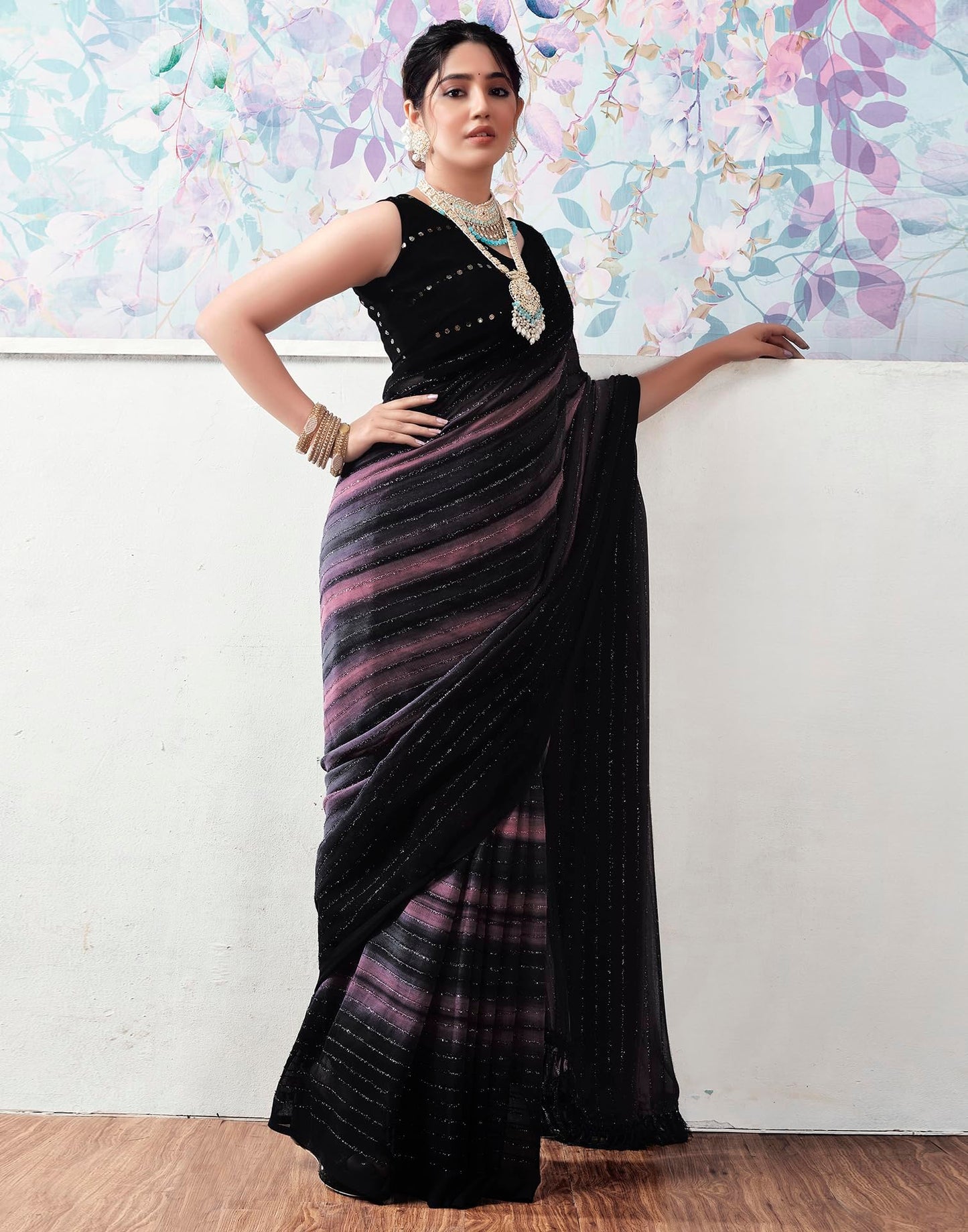 SIRIL Women's Georgette Printed Zari Stripe Saree With Unstitched Blouse Piece (3498S726_Black)
