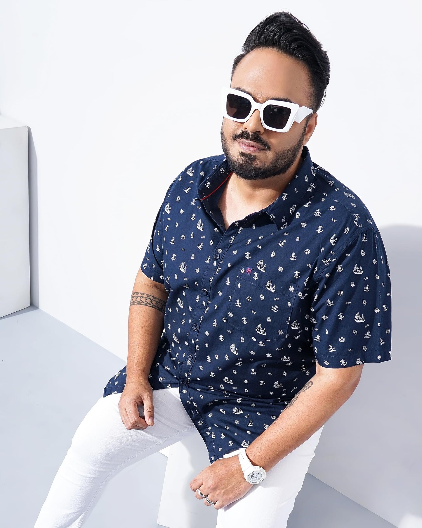 Hardsoda Men Plus Size Navy Quirky Printed Casual Shirt