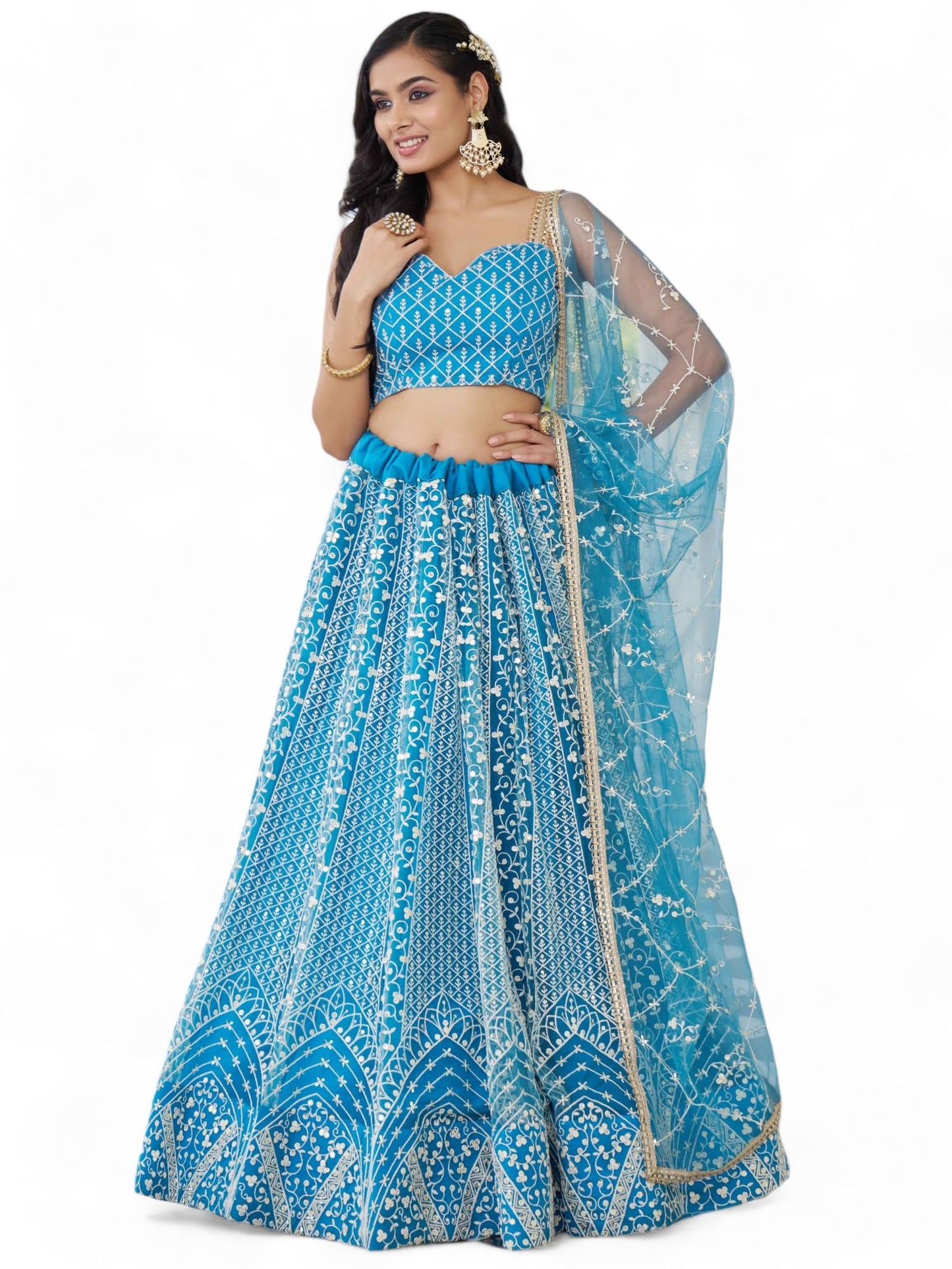 Zeel Clothing Women's Cotton Thread Sequins Work Embroidery Soft Net Semi-Stitched Lehenga Choli Set With Dupatta (2137-Skyblue-Wedding-Women-Lehenga-Choli-Latest; Free Size)