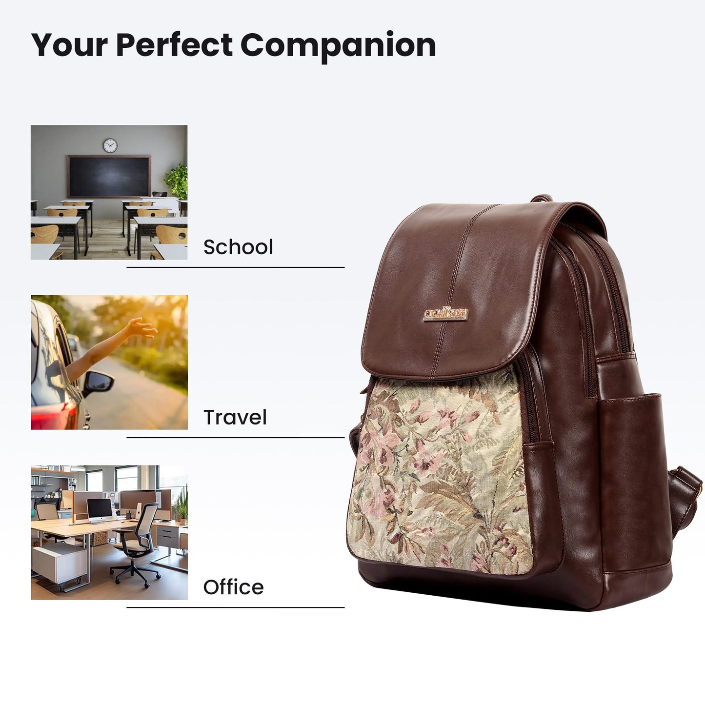 THE CLOWNFISH Minerva Faux Leather & Tapestry Women's Standard Backpack College School Bag Casual Travel Standard Backpack For Ladies Girls (Navyblue- Floral), 10 Litre