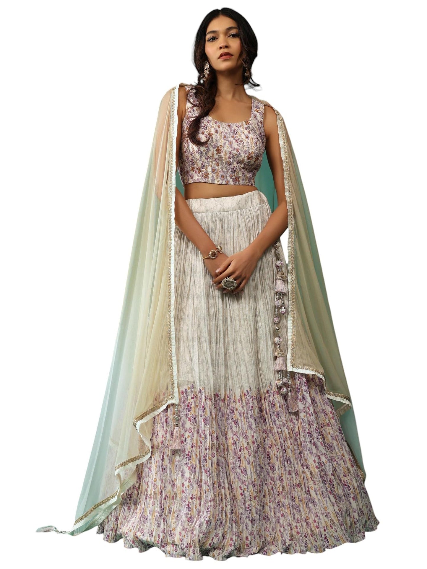 Zeel Clothing Digital Print Mirror Hand Work Georgette Lehenga Choli with Dupatta (5100-White-Wedding-Stylish-Lehenga-Choli; Free Size)