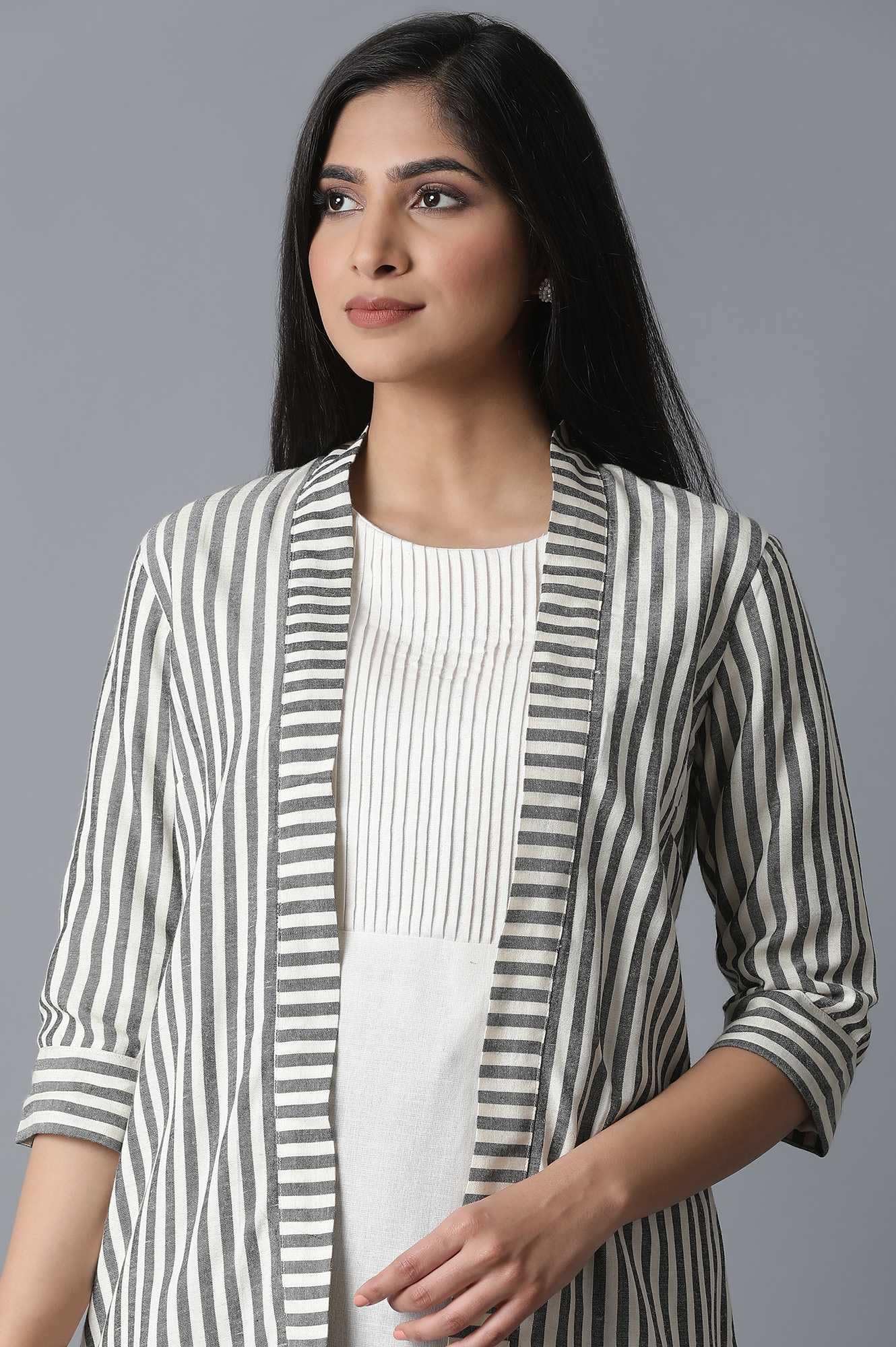 W for Woman Women's Ecru & Black Striped Shrug (21FEW14383-311847_Beige_XS)