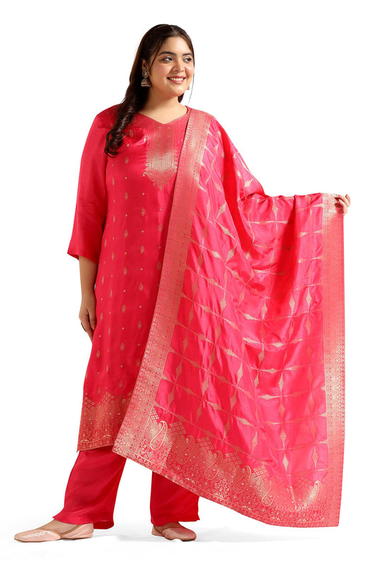 Jwalin Women's Plus Size Dola Silk Suit Set With Dupatta (JWWSET00077 RNI XL_Rani_XL)