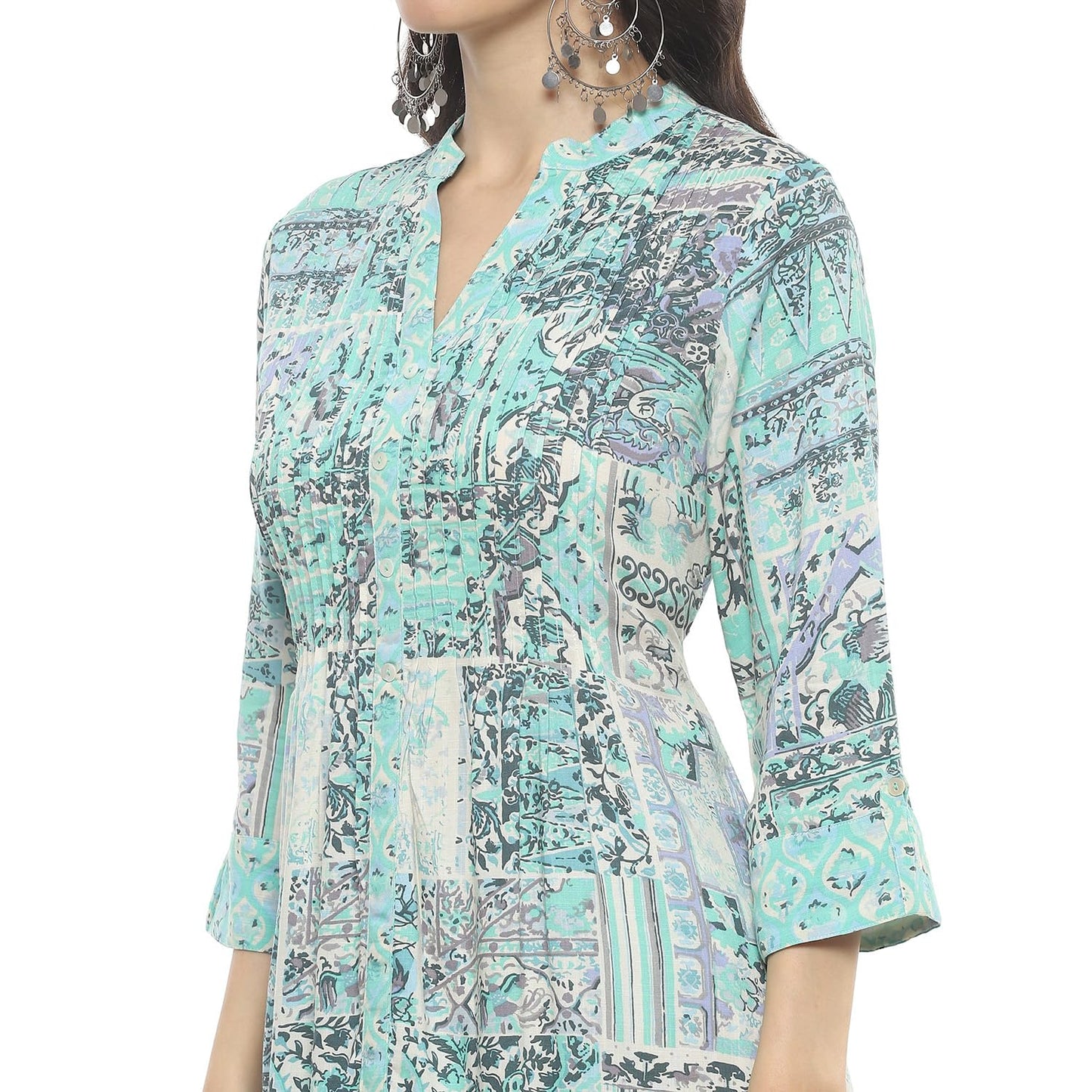BIBA Regular Women Viscose Printed Kurti (SANGANERPATCHWORK20153SS24MINTBLU_Blue
