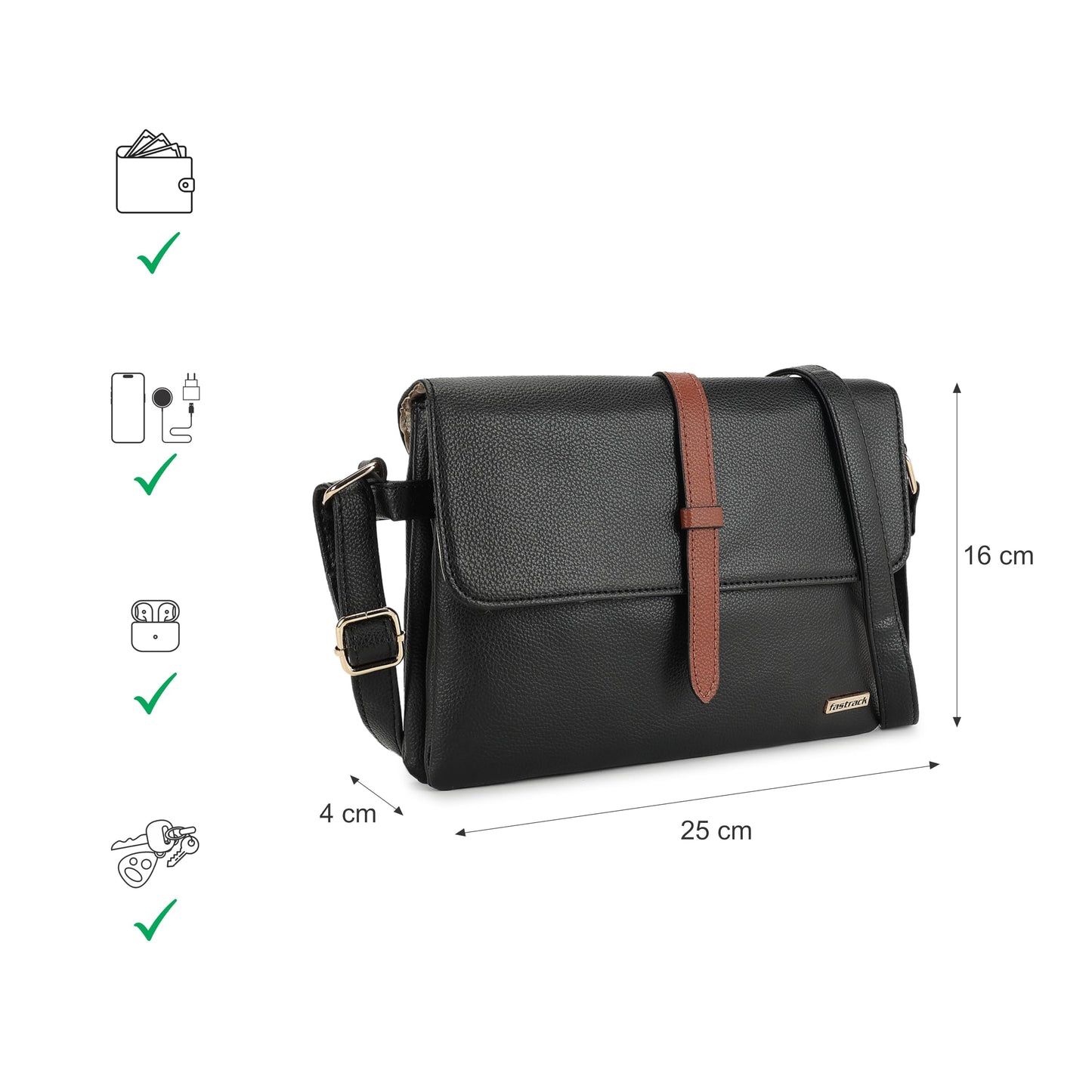 Fastrack Women Double Compartment Sling Bag with Side Zip Pocket | Adjustable Sling Belt, Inner Zip and Slip Pockets | Stylish Everyday Sling | Sling for Casual Carry