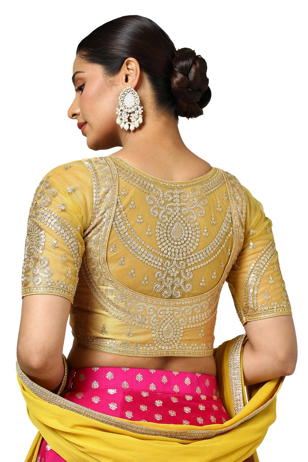 Soch Women's Tissue Embroidered Sleeveless Regular Fit Blouse (BLHSEMB00651_Mustard 34)