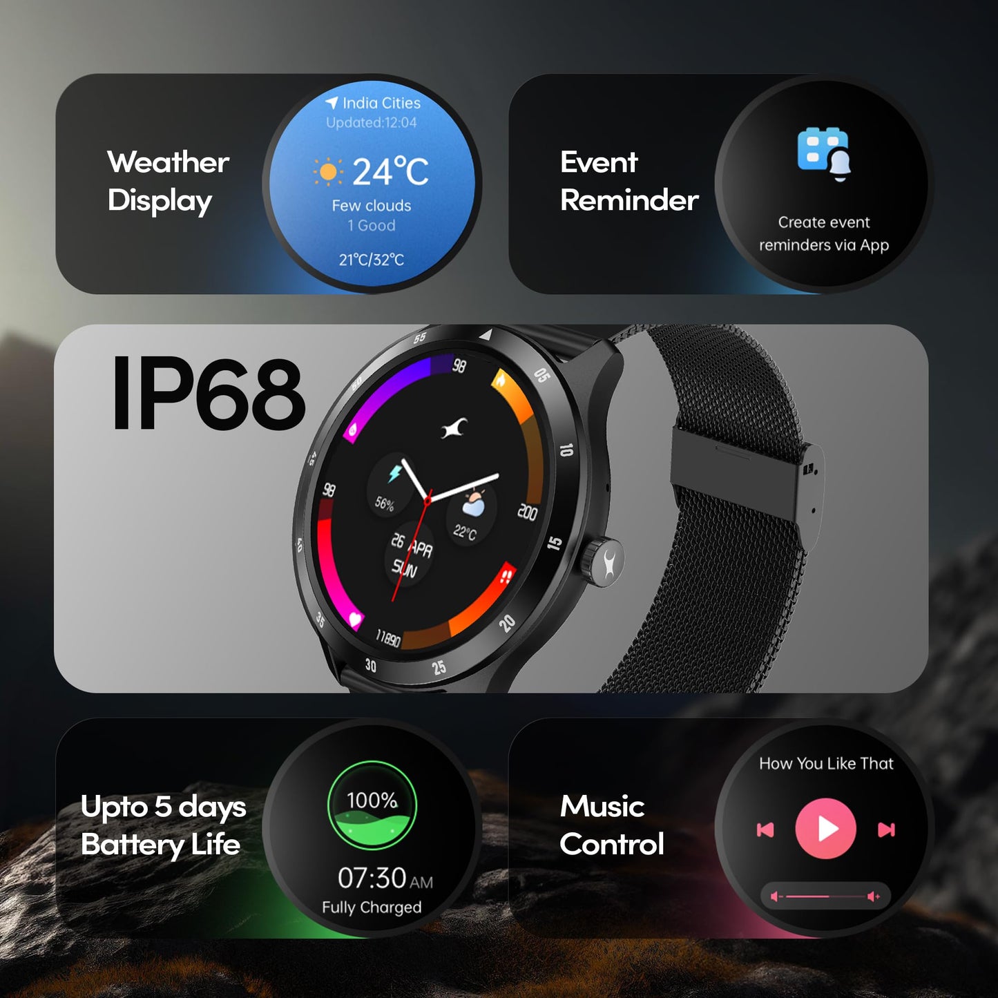 Fastrack Jupiter R2 Smart Watch for Man & Smart Watch for Women Latest with 1.38" Display, BT Calling, Functional Crown, 100+ Sports Modes, Health Suite, SOS, IP68, 5 Days Battery (Black Mesh)