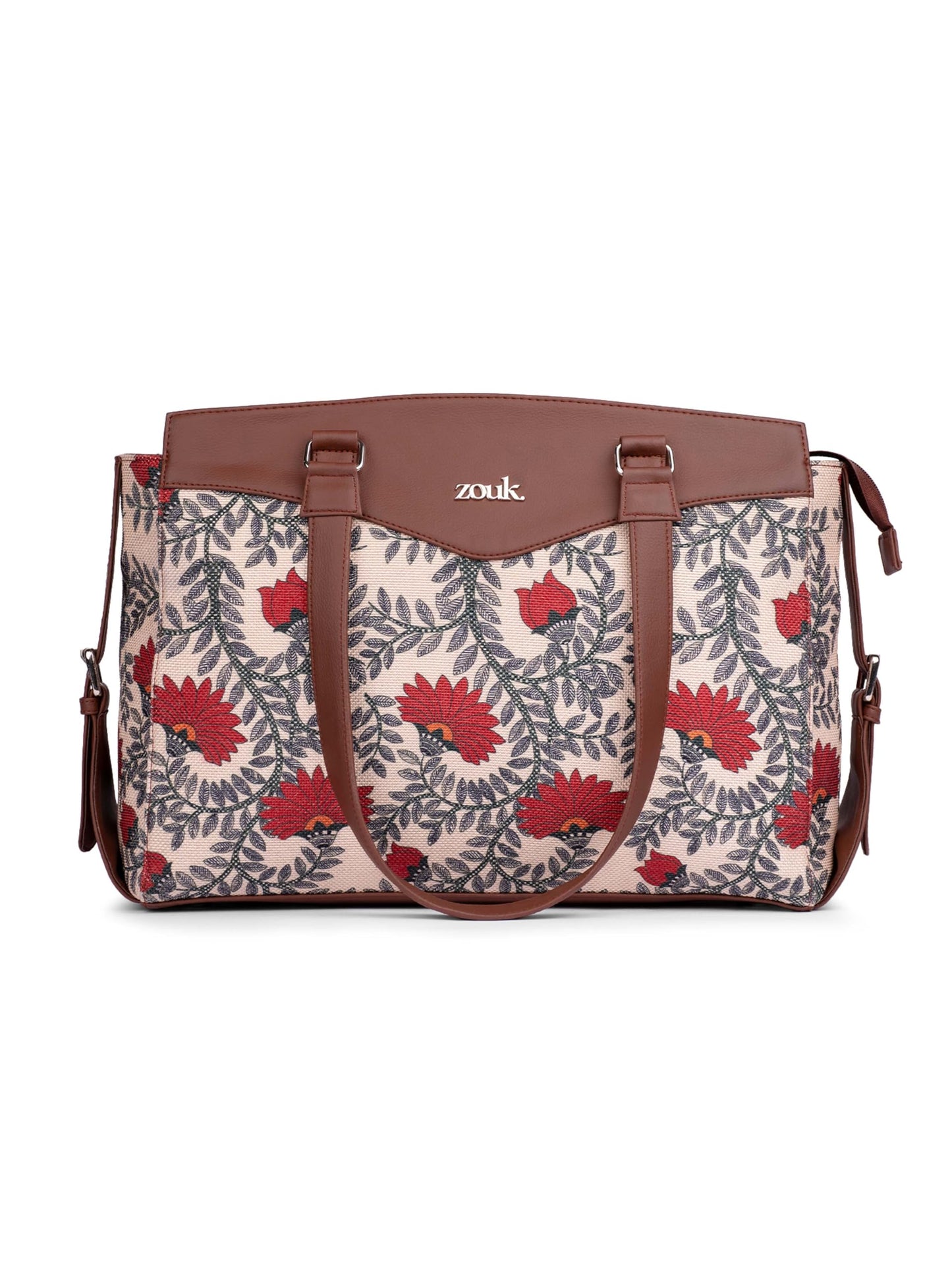 ZOUK Nawabi Couture Floral Printed Jute Vegan Leather Beige and red Women's Office Work Bag With Double Handles Strap