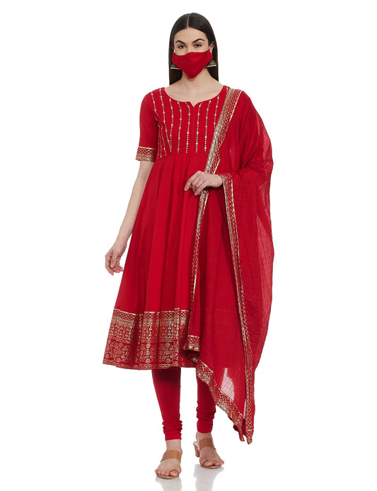 BIBA WOMEN EMBROIDERY FITTED SALWAR KURTA DUPATTA(SKD7459E_RED_36)