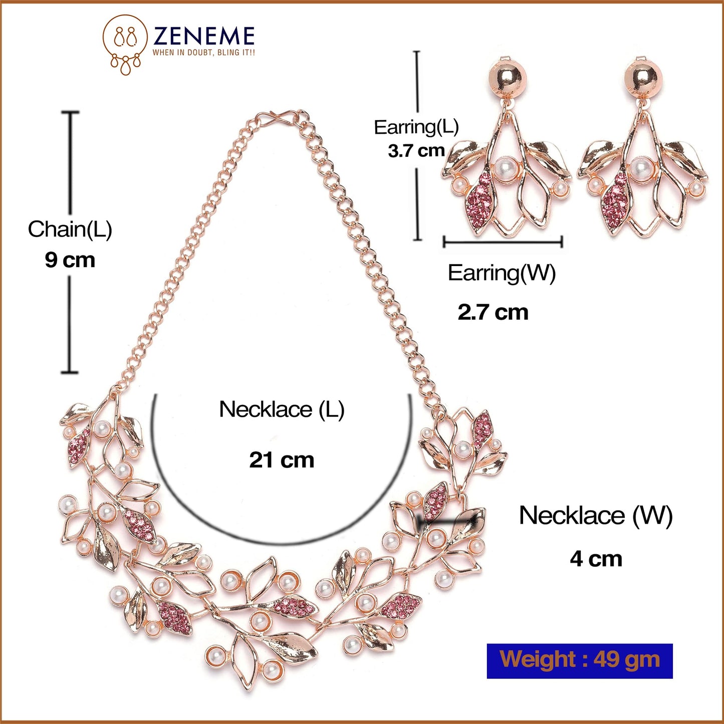 ZENEME Oxidised Silver-Plated Cubic Zirconia & White Pearls Studded Leaf Shaped Necklace With Earrings Jewellery Set For Girls and Women (Rose Gold pink)