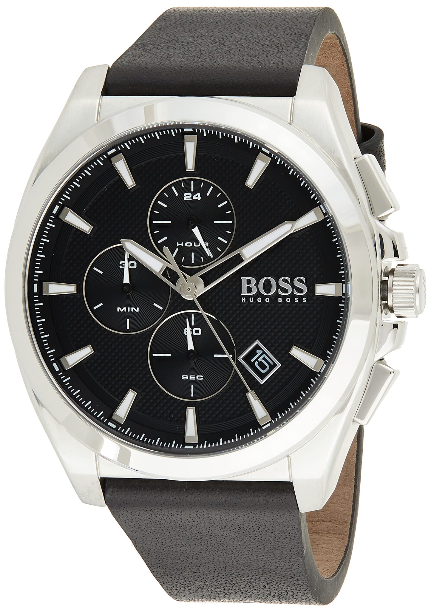 BOSS Hugo Leather Grandmaster Analog Black Dial Men Watch-1513881, Black Band