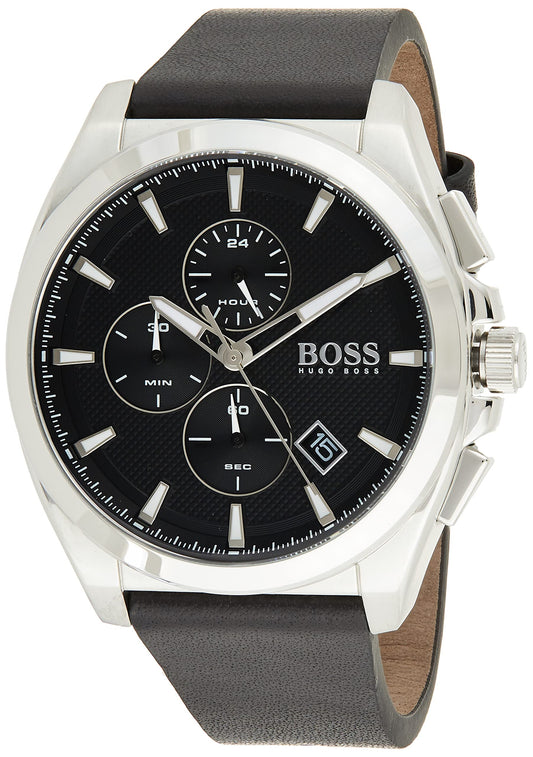 BOSS Hugo Leather Grandmaster Analog Black Dial Men Watch-1513881, Black Band