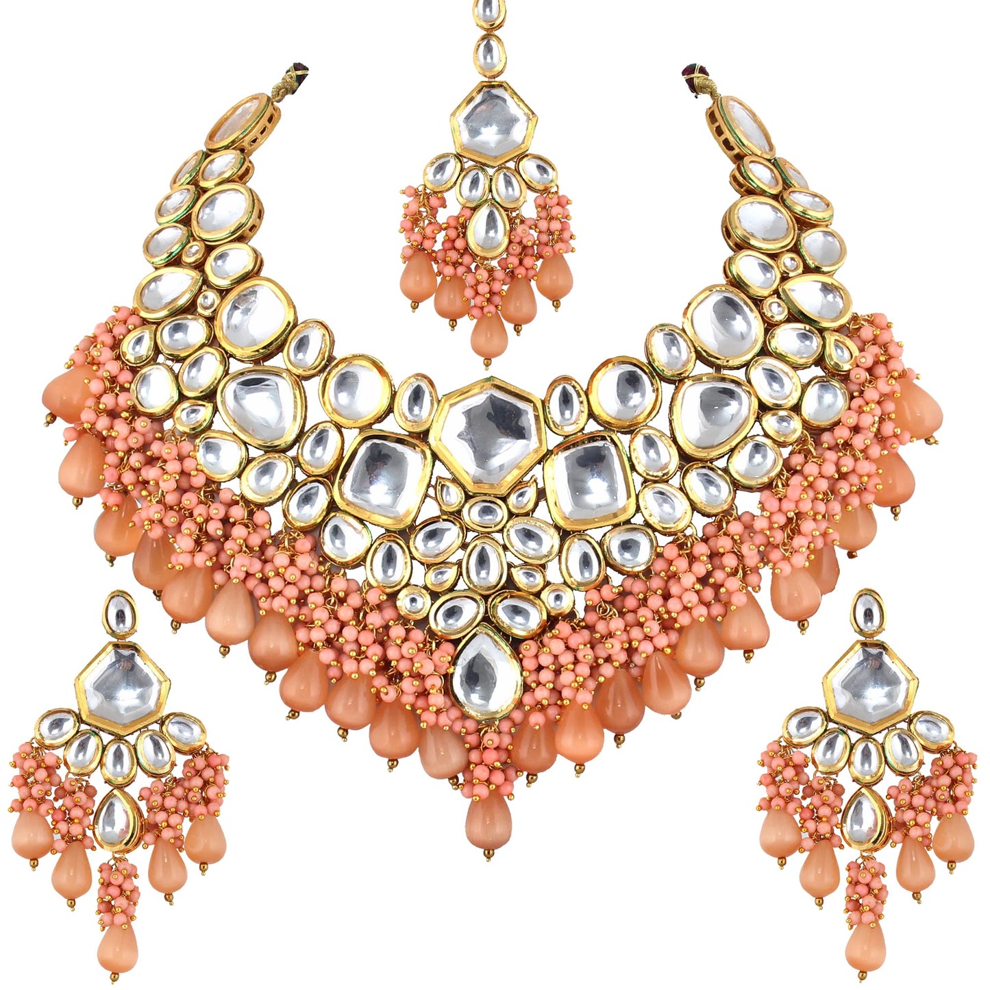 Lucky Jewellery 18K Gold Plated Peach Color Kundan Stone/Uncut Kundan/Dibbi Kundan/Meena Kundan/Lucknow Kundan with Monalisa Drop Bridal Set for Girls & Women (5910-M4SK-1574-PH)