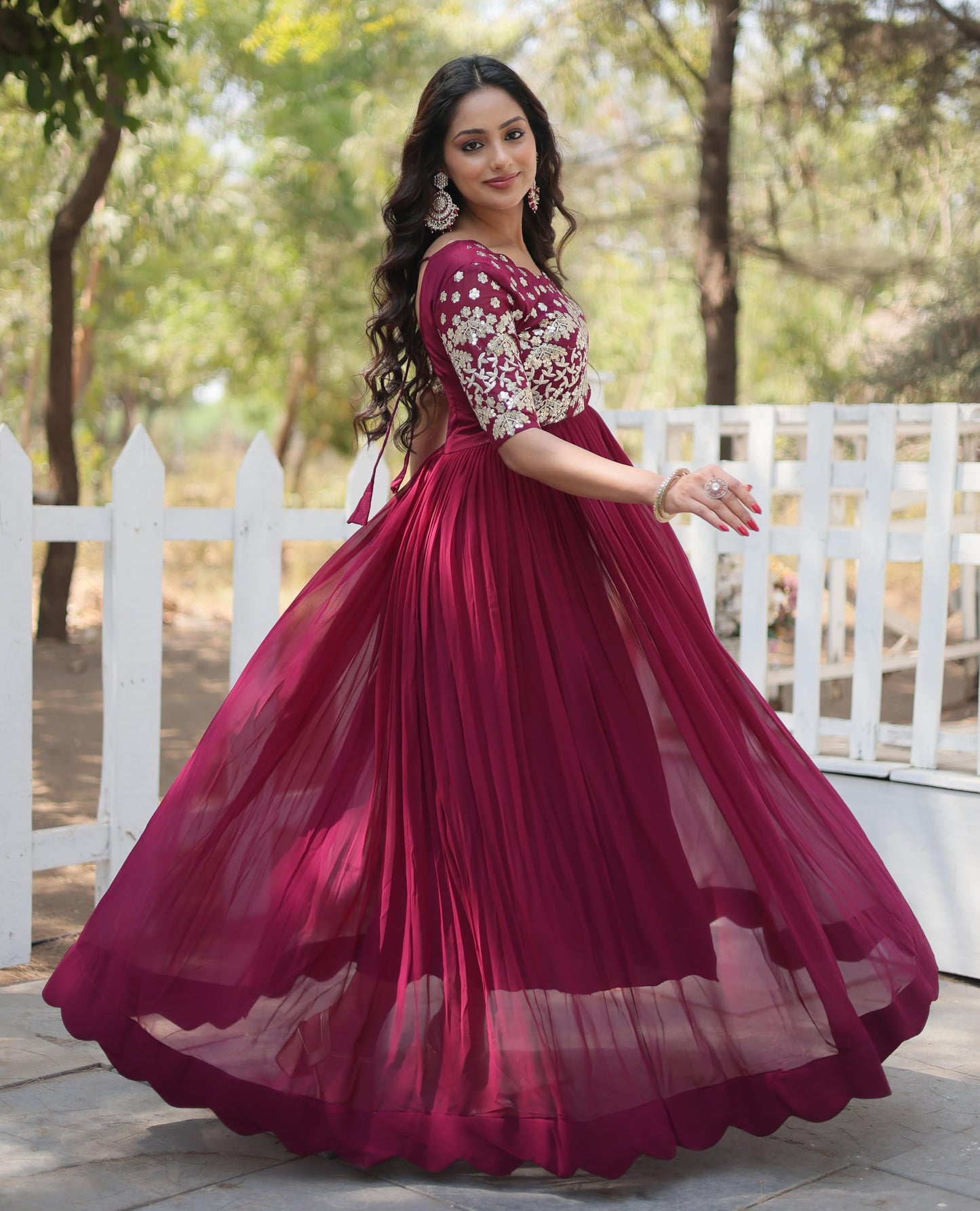 Fashion Basket Women's Georgette Embroidered Anarkali Gown Wine