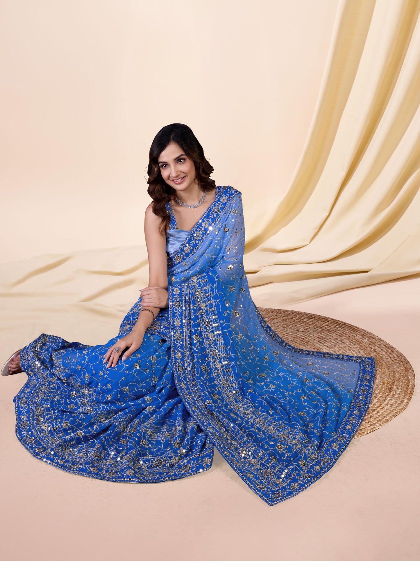 TRENDMALLS Women's Georgette Sequin Embroidery work Saree with Unstitch Blouse Piece (K963-Skyblue)