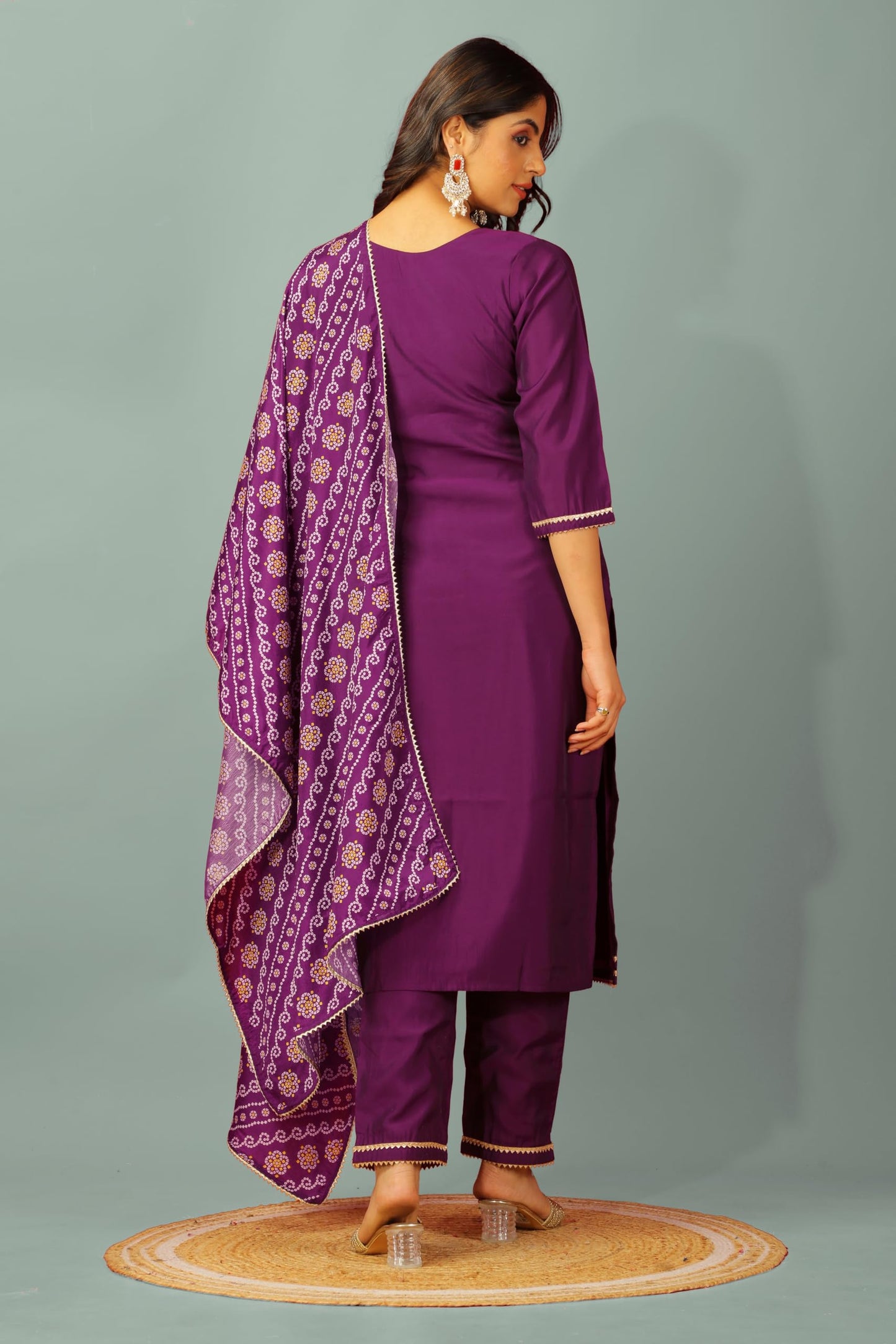 GALGOTO Women's Viscose Silk V Neck Embroidery Work Kurta with Bandhani Print Dupatta (in, Alpha, 2XL, Regular, Wine-1)