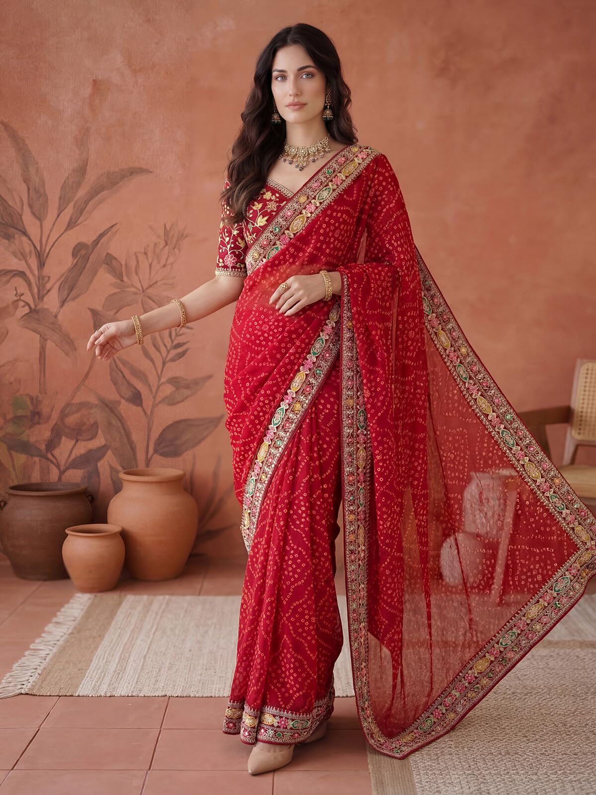 SIRIL Women's Georgette Sequin Embroidery Bandhani Printed Saree with Unstitched Blouse Piece (4486S556AA_Red)