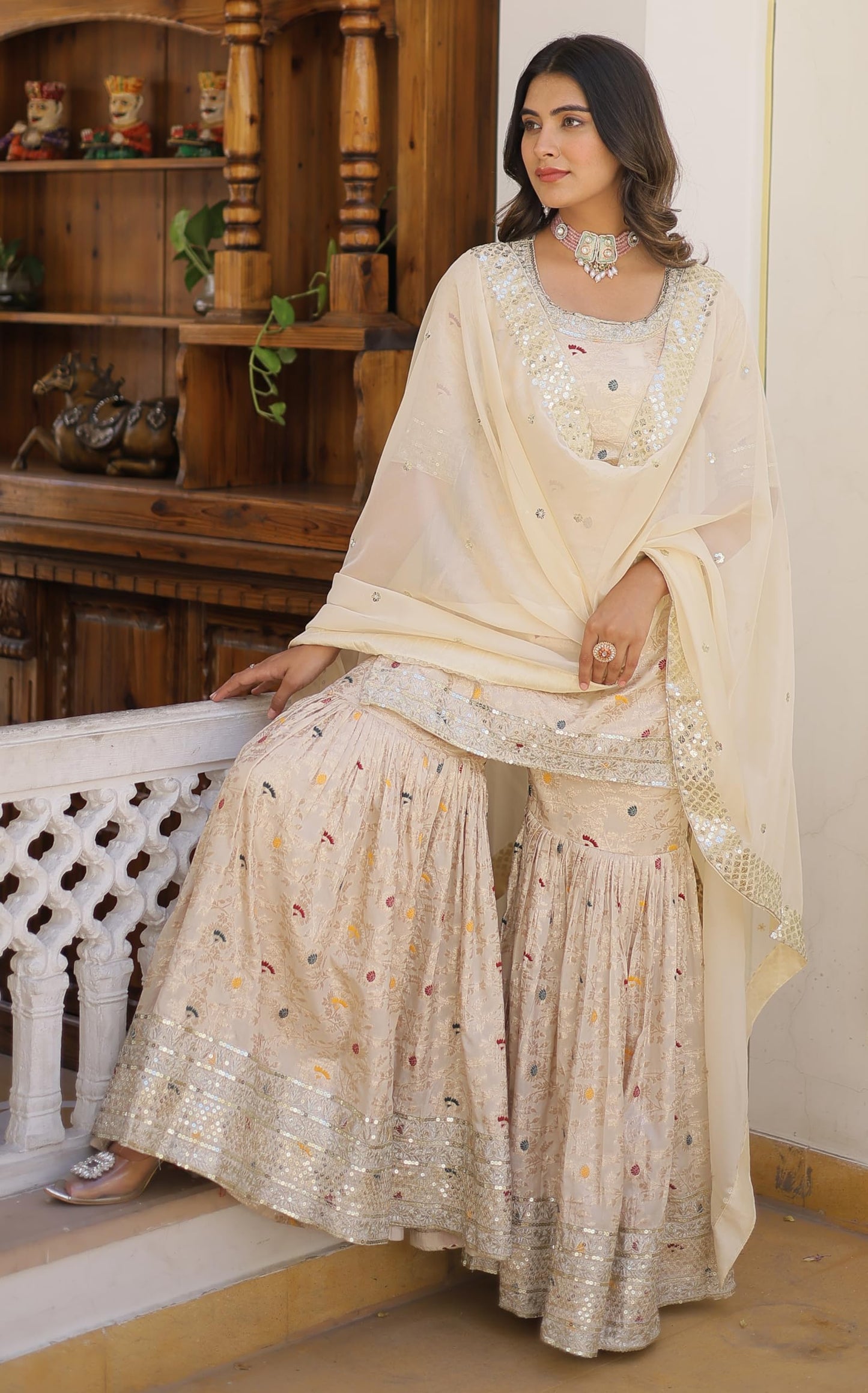 Fashion Basket Women's White Georgette Anarkali Kurta Set with Duptta for Women (White, XXL)