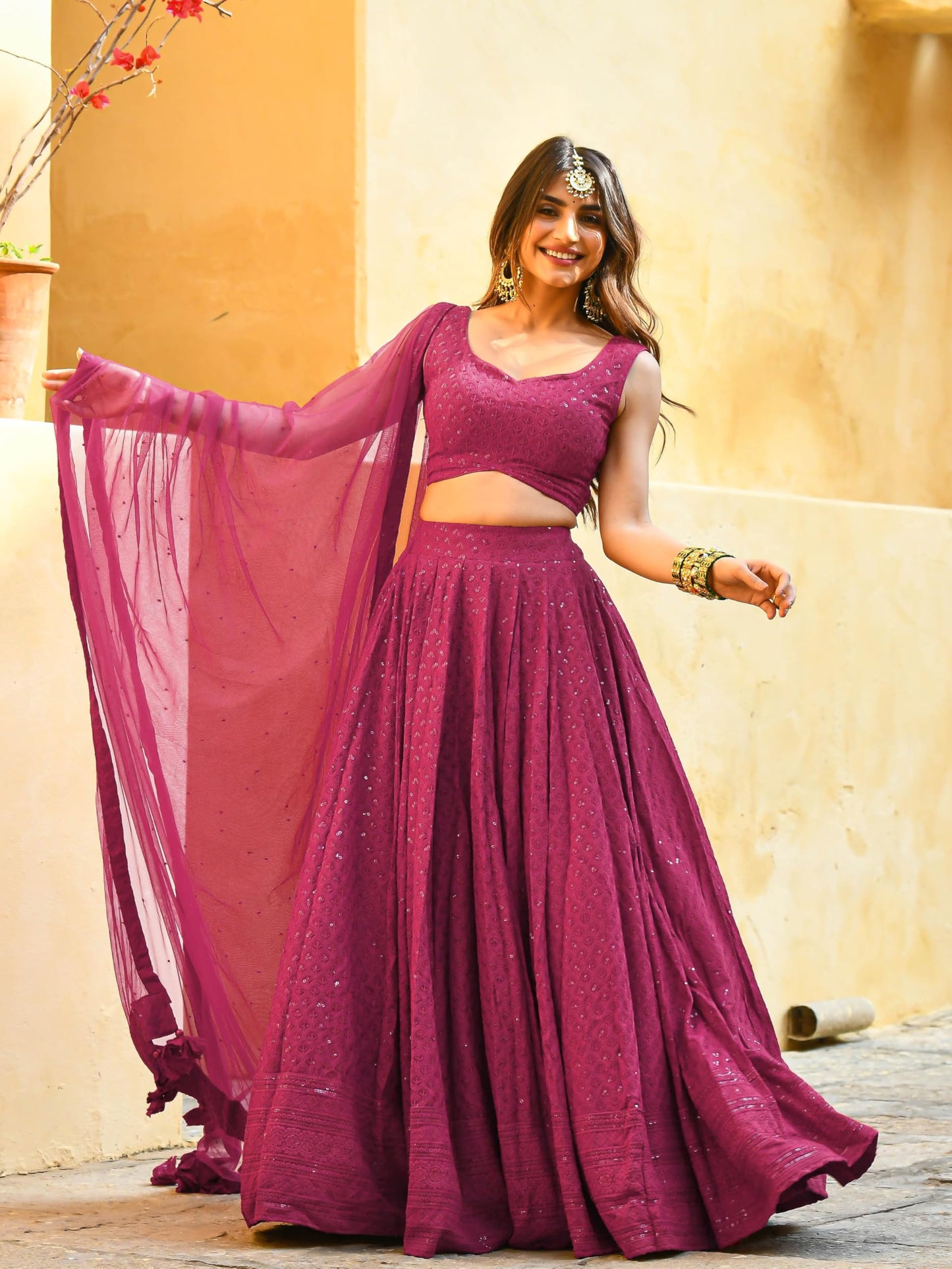 Zeel Clothing Women's Georgette Semi-Stitched Sequins Thread Embroidered Lehenga Choli With Dupatta (5124-Pink--Lehenga-Choli-Latest; Free Size) (Pink)