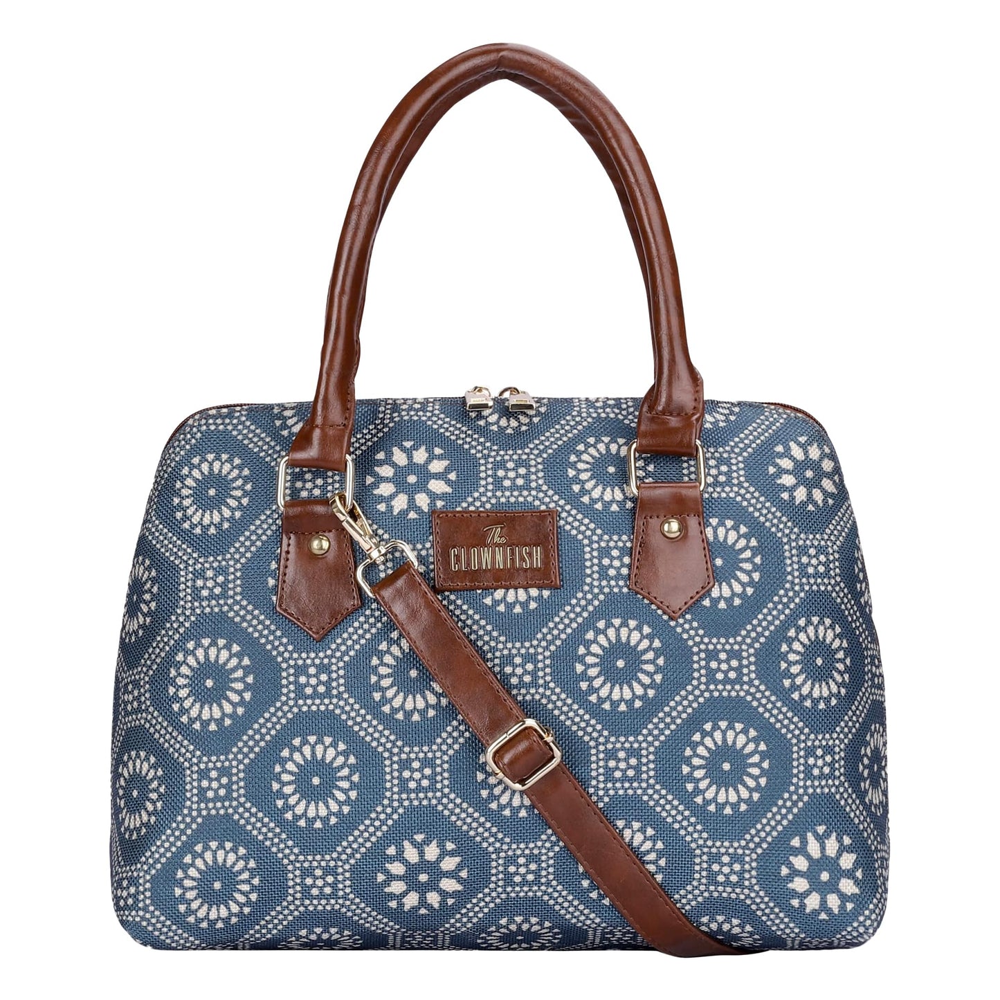 THE CLOWNFISH Montana Series Printed Handicraft Fabric & Faux leather Handbag for Women Office Bag Ladies Purse Shoulder Bag Tote For Women College Girls (Cerulean Blue)