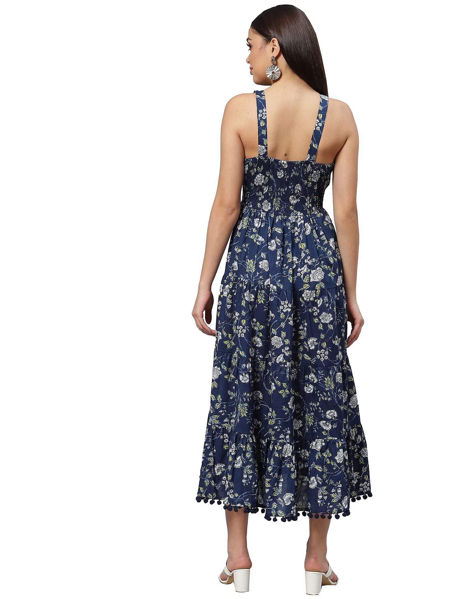 Divena Blue Floarl Shoulder Strip Long Dress