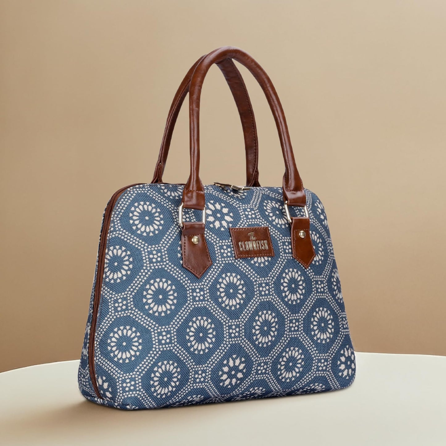 THE CLOWNFISH Montana Series Printed Handicraft Fabric & Faux leather Handbag for Women Office Bag Ladies Purse Shoulder Bag Tote For Women College Girls (Cerulean Blue)